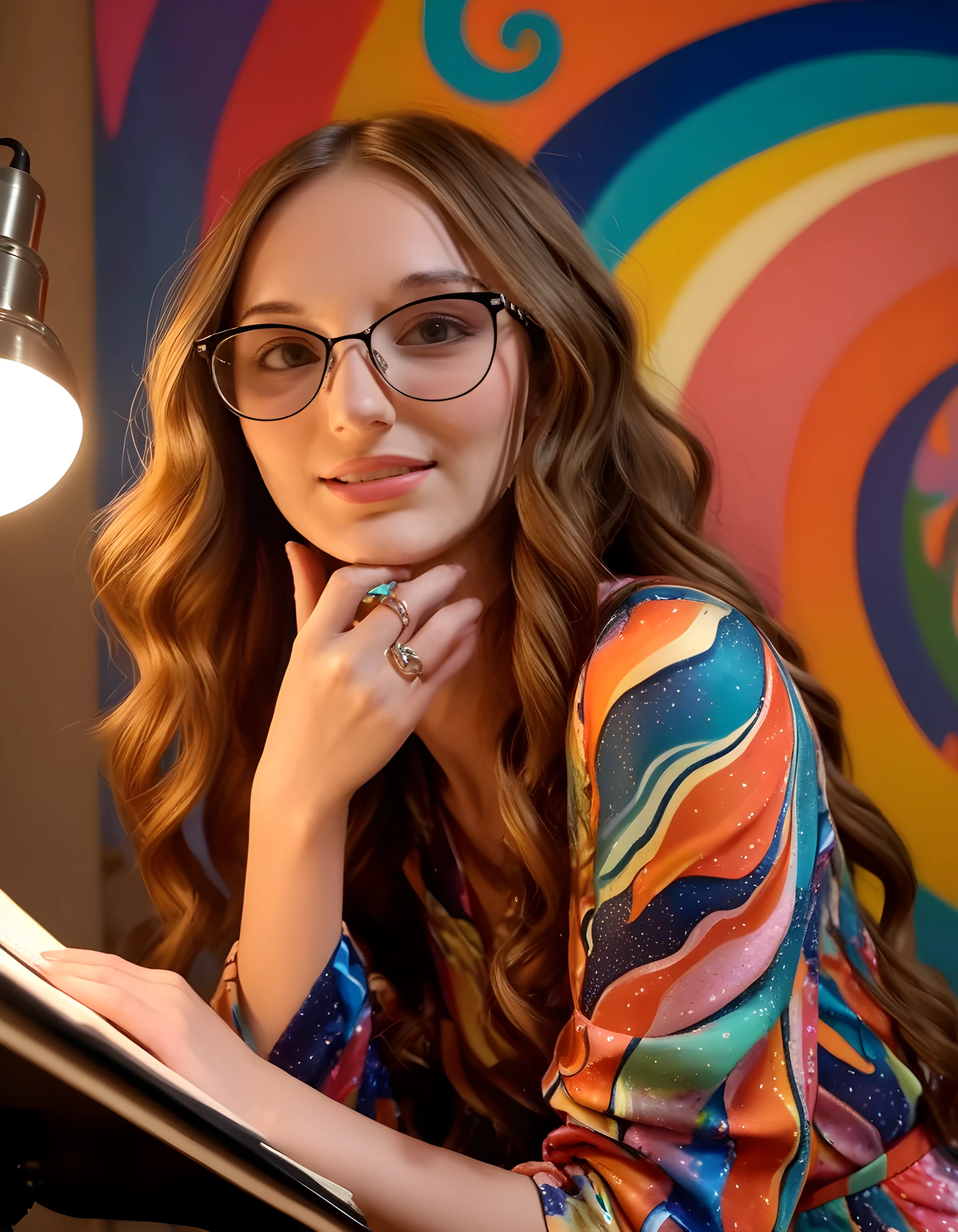 R3353W, In a dimly-lit, cluttered artist's studio bathed in soft, warm, amber light from a single desk lamp, the subject is a woman with long, wavy chestnut hair cascading down her shoulders, wearing a vibrant, abstract-patterned jumpsuit, her delicate fingers adorned with intricate silver rings. Her glasses sit perched on the bridge of her nose as she gazes intently at the viewer, her lips slightly parted and teeth glinting behind them in an enigmatic smile. The backdrop is a colorful mural of swirling patterns that seems to blend seamlessly with her outfit, creating a surreal and captivating portrait that exudes a sense of quiet confidence and artistic curiosity.