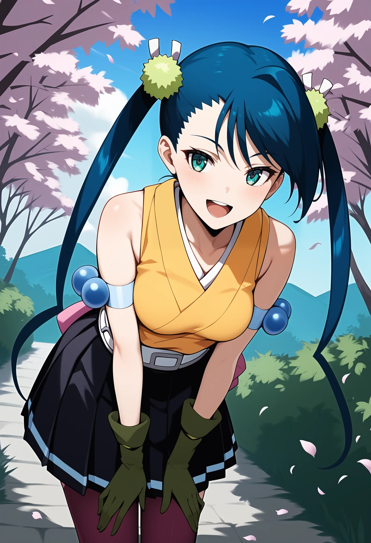 score_9, score_8_up, score_7_up, score_6_up, score_5_up, score_4_up, source_anime, aahibachi, long hair, blue hair, twintails, hair ornament, aqua eyes, breasts, japanese clothes, yellow shirt, sleeveless, armband, green gloves, belt, pink bow, pleated skirt, black skirt, purple thighhighs, <lora:hibachi_ponyxl_v1:0.9>, smile, open mouth, standing, cowboy shot, leaning forward, bent over, outdoors, cherry blossoms, petals, hands on own knees,