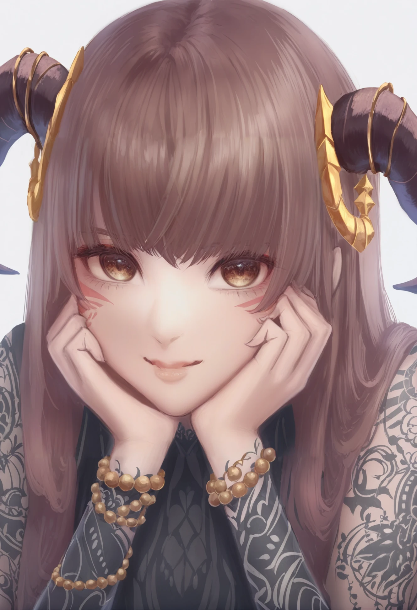 masterpiece, best quality ,solo, 1girl, horns, looking at viewer, jewelry, bracelet, white background, long hair, facial mark, tattoo, head rest, simple background, closed mouth, hands on own face, smile, horn ornament, portrait, upper body, demon horns 
 <lora:é²äººXLlokr4f-000166:0.95>