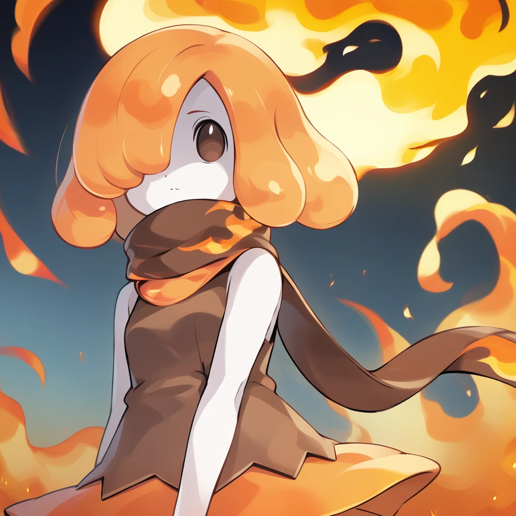 solo, no humans
<lora:Flambelle-10:1> flambellepal, pokemon \(creature\), scarf, brown eyes, hair covering one eye, orange hair, short hair, white skin, colored skin, brown dress, sleeveless dress, orange skirt, fire, solid oval eyes