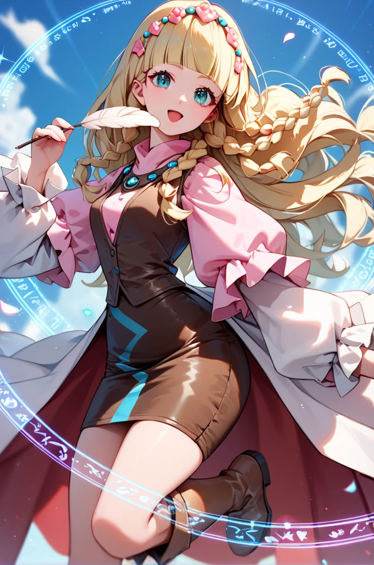 score_9, score_8_up, score_7_up, very aesthetic, source_anime, detailed,
cowboy shot, blurry background,
holding a feather quill, magic  circle, magic effects, 
open mouth,
<lora:shirley_autismConfetti_v02:1> shirleyBase,  aqua eyes, blonde hair, braids, long hair,  blunt bangs, 
brown vest, pink puffy sleeves, long white sleeves,  wavy hair, pink shirt, brown boots,  white waist cape, brown short skirt,, zPDXL