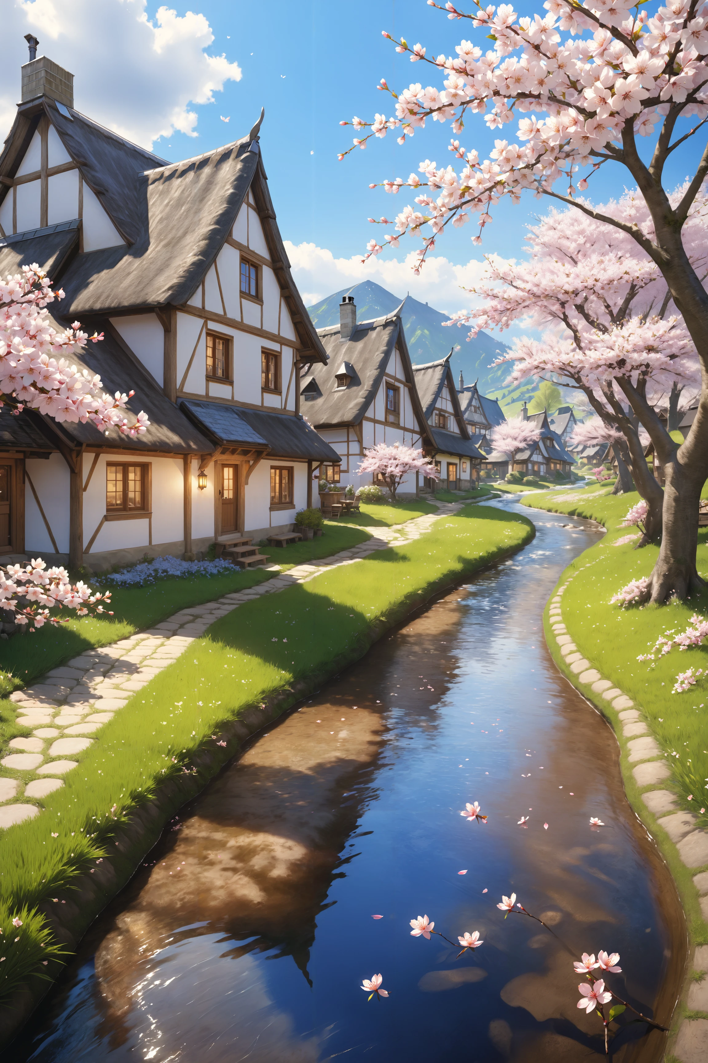 Idyllic village scene with charming Middle Ages cottages, blooming cherry blossoms, and a serene stream, under a (bright blue sky:0.2), ((warm scene)), cinematic, afternoon, realistic