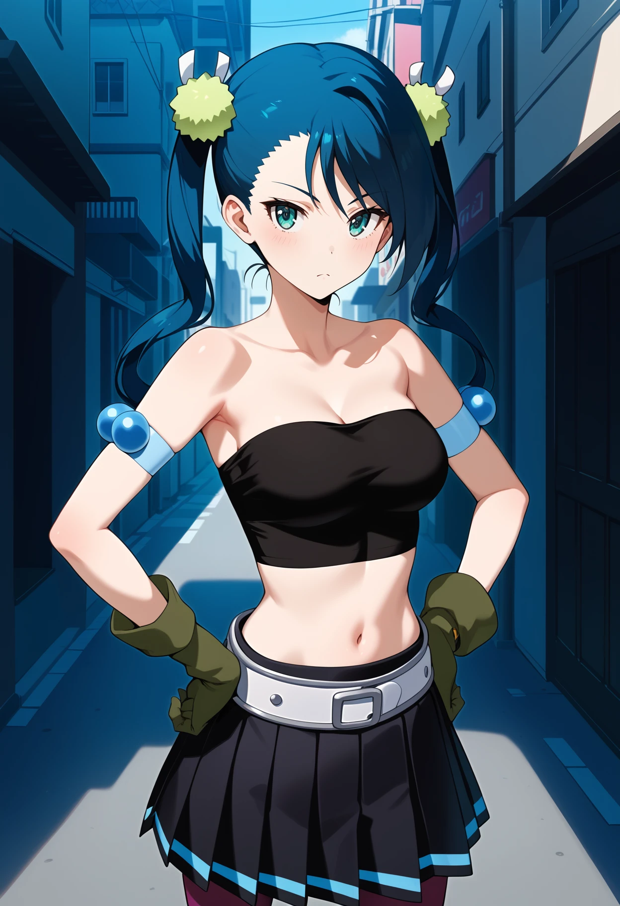 score_9, score_8_up, score_7_up, score_6_up, score_5_up, score_4_up, source_anime, aahibachi, long hair, blue hair, twintails, hair ornament, aqua eyes, breasts, strapless, black tube top, crop top, armband, green gloves, belt, pleated skirt, black skirt, purple thighhighs, <lora:hibachi_ponyxl_v1:0.9>, standing, cowboy shot, hands on own hips, street,