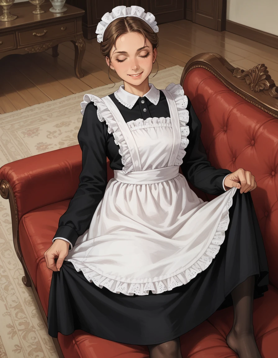 score_9, score_8_up, score_7_up, score_6_up, score_5_up, score_4_up, 1girl, large breasts, brown hair, hud_vic_m4id, black dress, maid apron, frills, maid headdress, <lora:vicmaid-000008:0.8>, living room, victorian, lying, couch, spread legs, pantyhose, looking at viewer, from above,  skirt lift, pussy, closed eyes, smirk, lifting skirt