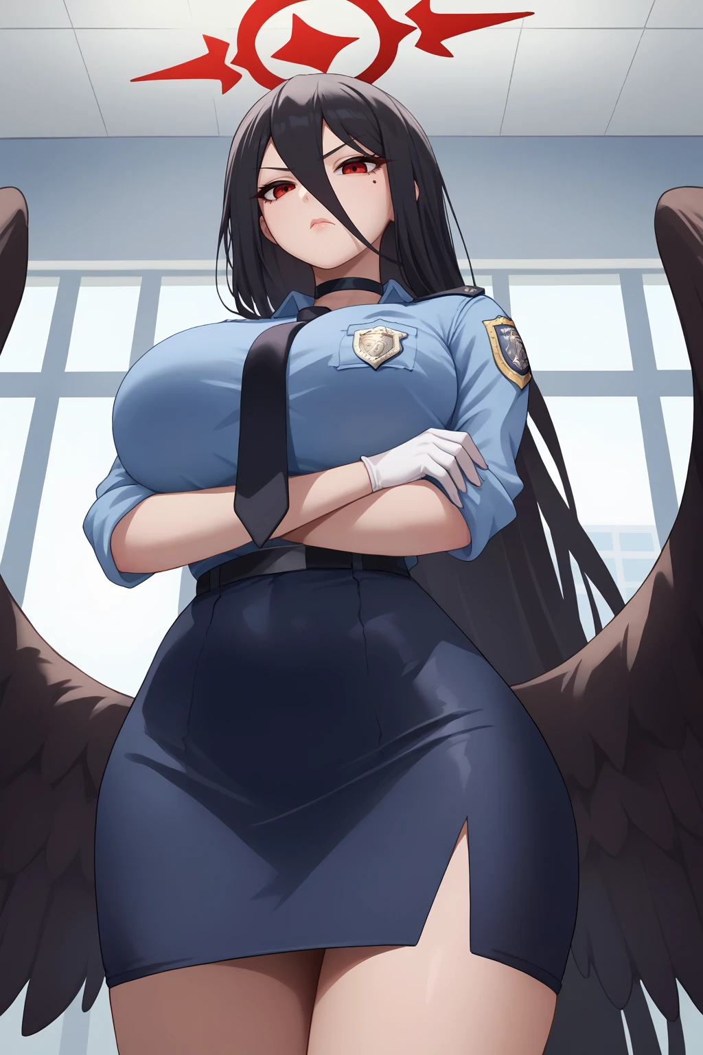 score_9, score_7_up, source_anime, cowboy shot, from below, looking at viewer, serious, hnkw, red halo, mole under eye, huge breasts, very long hair, low wings, large wings, black choker, police uniform, blue shirt, black necktie, badge, sleeves rolled up, white gloves, blue skirt, pencil skirt, holding, crossed arms, indoors, prison, <lora:Hoseki_BlueArchive_HasumiHanekawa_PDXL_v1:1>