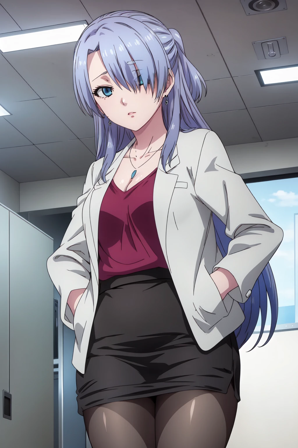 AyameHimuro, 4k, absurd, high resolution, very high resolution, high definition, masterpiece, 1girl, solo, long hair, looking at viewer, blue eyes, skirt, shirt, cleavage, jewelry, medium breasts, blue hair, jacket, pantyhose, earrings, black skirt, necklace, hair over one eye, black pantyhose, formal, pencil skirt, grey jacket, hands in pockets, office lady, grey pantyhose<lora:EMS-433593-EMS:0.800000>