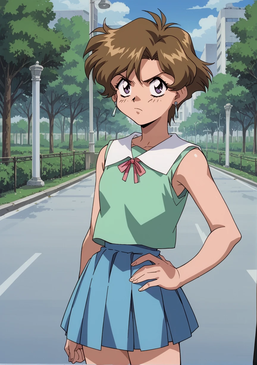 1girl, retro artstyle, 1990s \(style\), short hair, Brown hair, purple eyes, green shirt, sleeveless, pink ribbon, blue skirt, pleated skirt, flat chest, hand on own hip, outdoors, park, looking at viewer, disgust  <lora:jungle_the_ikou_r1:0.8>, score_9, score_8_up, score_7_up, score_6_up, score_5_up, score_4_up, BREAK source_anime, masterpiece