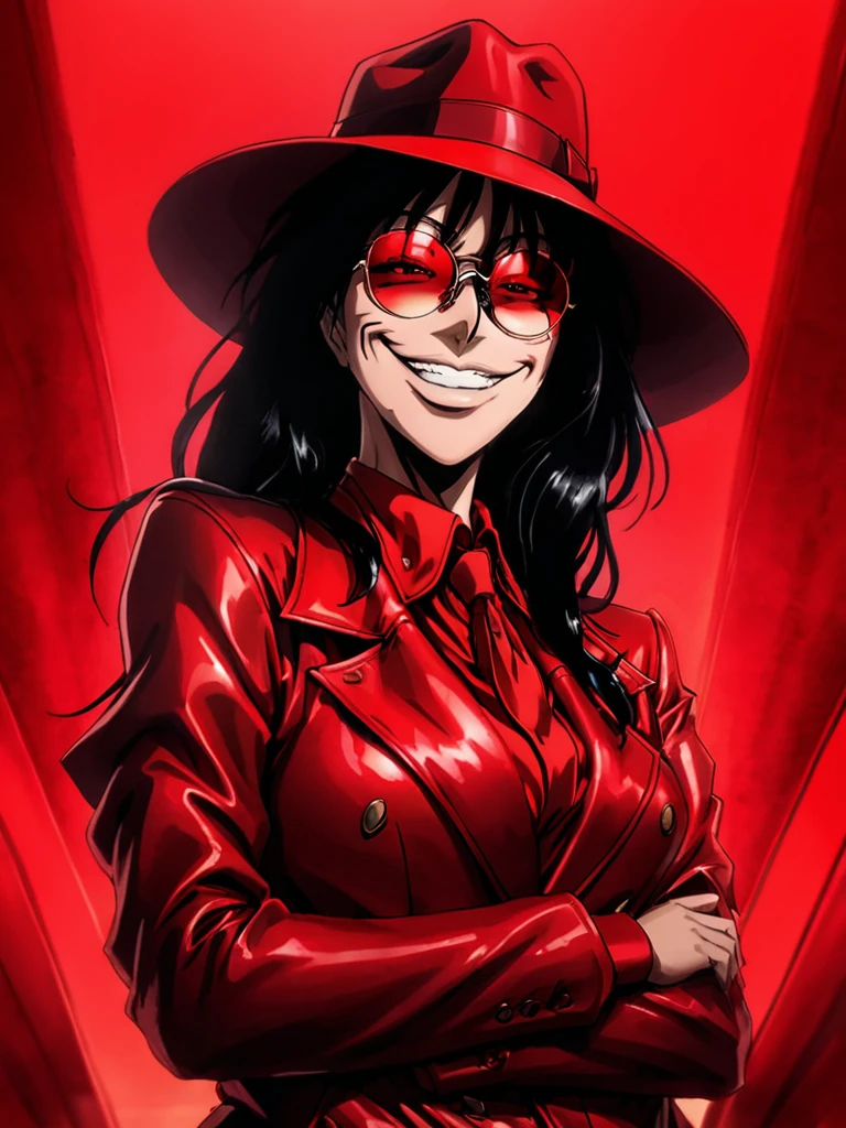 masterpiece,high quality,
, <lora:hellsing_ultimate_style:0.8>,
hellsing_ultimate_style,
1girl,solo,black hair,fedora,evil grin,glasses reflection,red leather clothes