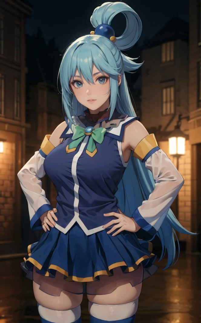 outdoors, lens flare, depth of field, bokeh, vanishing point, solo, looking at viewer, BREAK ((masterpiece, best quality)), 
BlueDress_Aqua_ownwaifu, 
1girl, aqua (konosuba), hair rings, hair ornament, blue hair, long hair, blue eyes, single hair ring, bangs, large breasts, hair between eyes, ponytail, shiny hair,
detached sleeves, bare shoulders, blue skirt, green bow, blue shirt, blue thighhighs, white thighhighs, miniskirt, green bowtie, thighhighs under boots, white sleeves, long sleeves, sleeveless shirt,
(contrapposto, hand on hip)<lora:ANIME_KonoSuba_Aqua_ownwaifu:0.8>,
 insaneres, absurdres,