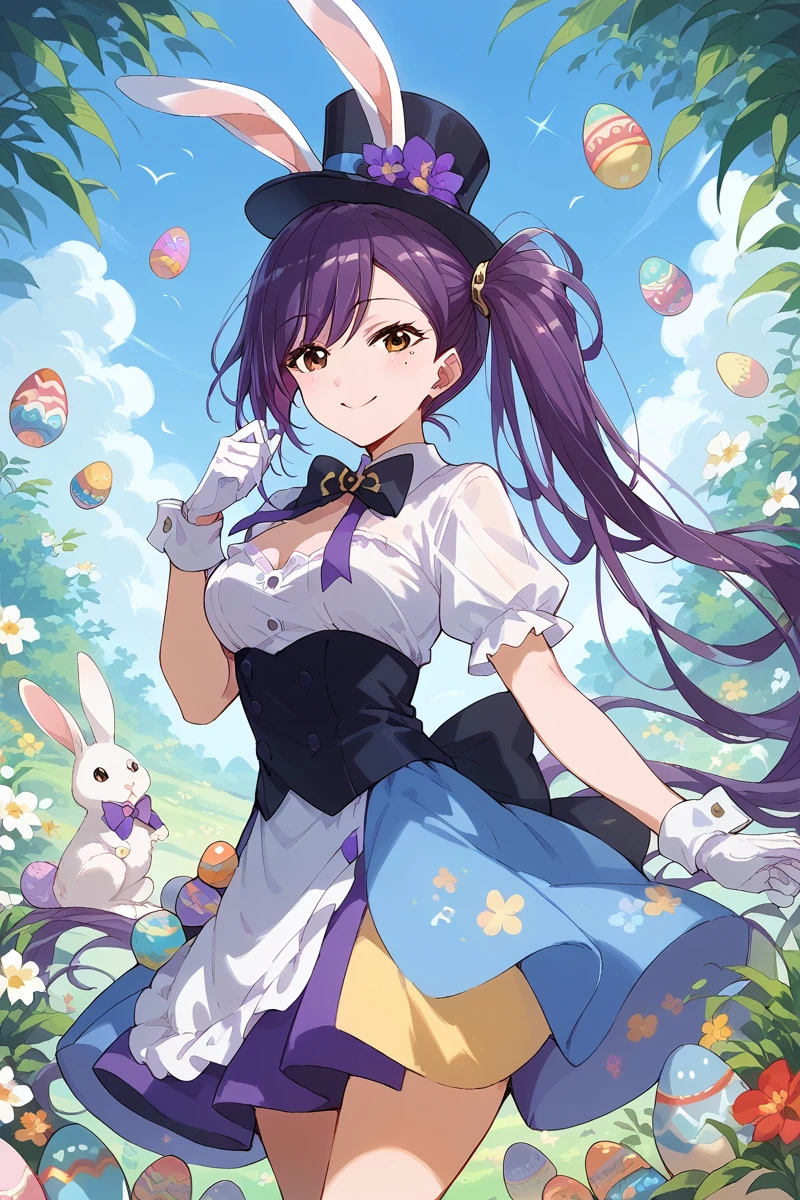 score_9, score_8_up, score_7_up, score_6_up, 1girl,
 <lora:Liu_Mei_Fan_r1:0.9> liu, long hair, purple hair, side ponytail, mole, gloves, top hat, looking at viewer, white gloves, rabbit ears, animal ears, brown eyes, bow, smile, very long hair, easter, easter egg, flower,