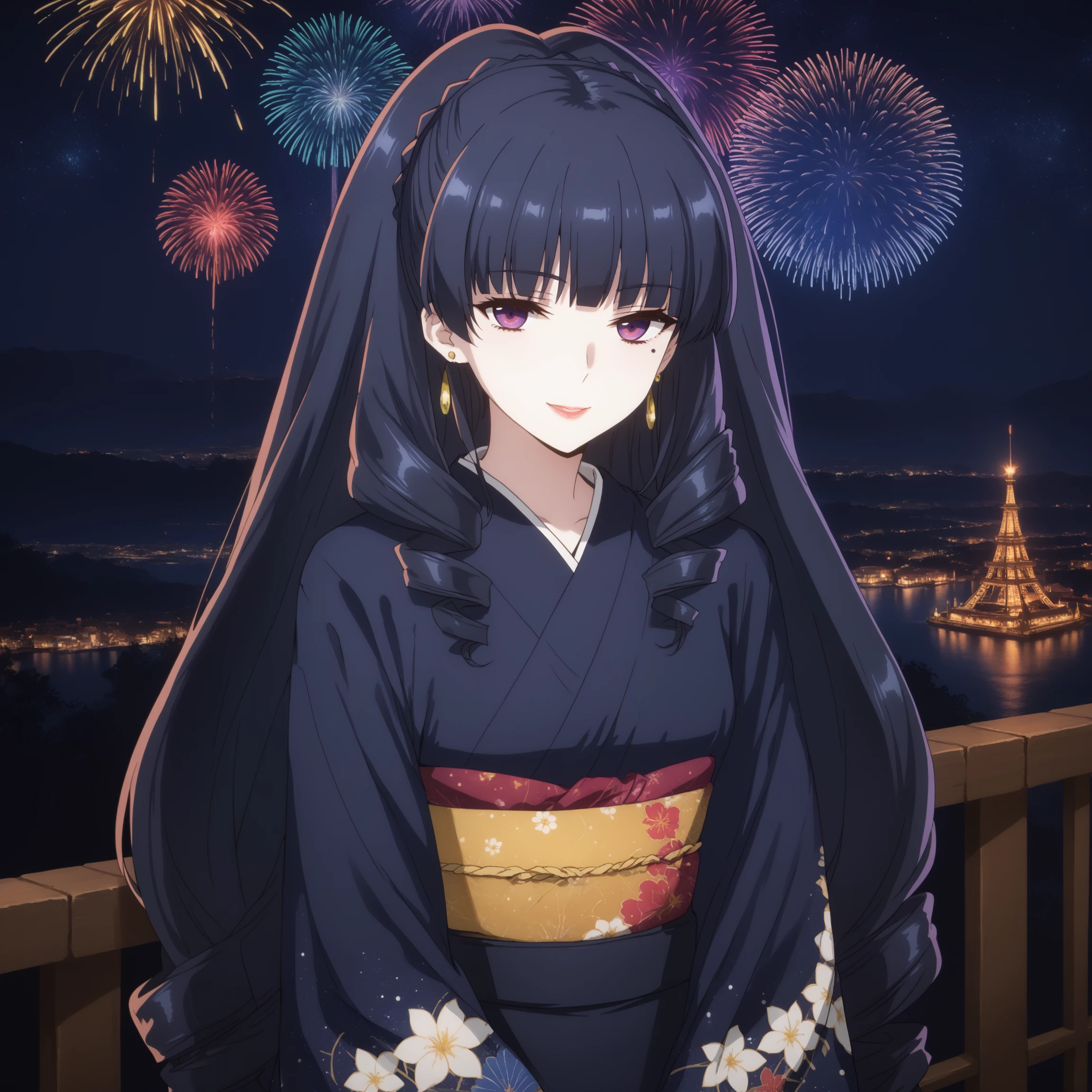 score_9, score_8_up, score_7_up, rating_safe
BREAK
maya_olis, 1girl, solo, black hair, drill sidelocks, drill hair, purple eyes, mole under eye, earrings, print kimono, looking at viewer, cowboy shot, smile
BREAK
aerial fireworks, wooden railing, cityscape, star \(sky\), starry sky, night sky, night, dark
<lora:maya_MahoukaKoukouNoRettousei_sdxl_v1:1>