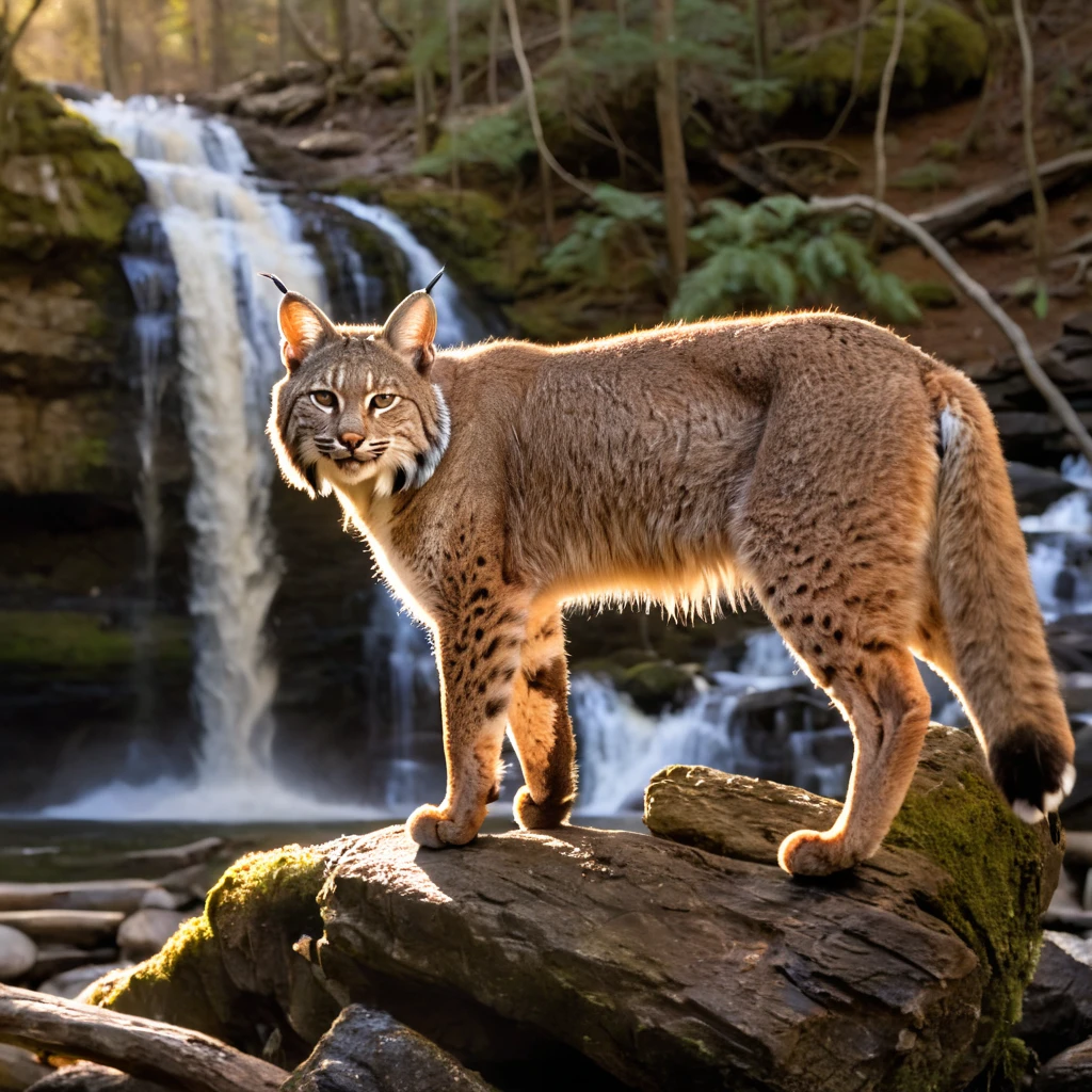 a bobcat near a waterfall in a north American forest, sunrise