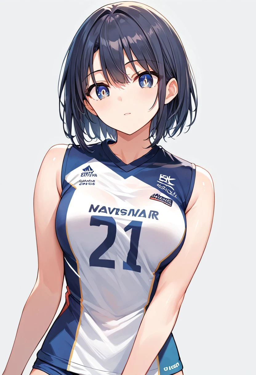 score_9, score_8_up, score_7_up,source_anime, high res image,masterpiece,best quality,girl,cute face,clear skin,shiny hair,ultra detailed eyes,simple background, volleyball uniform