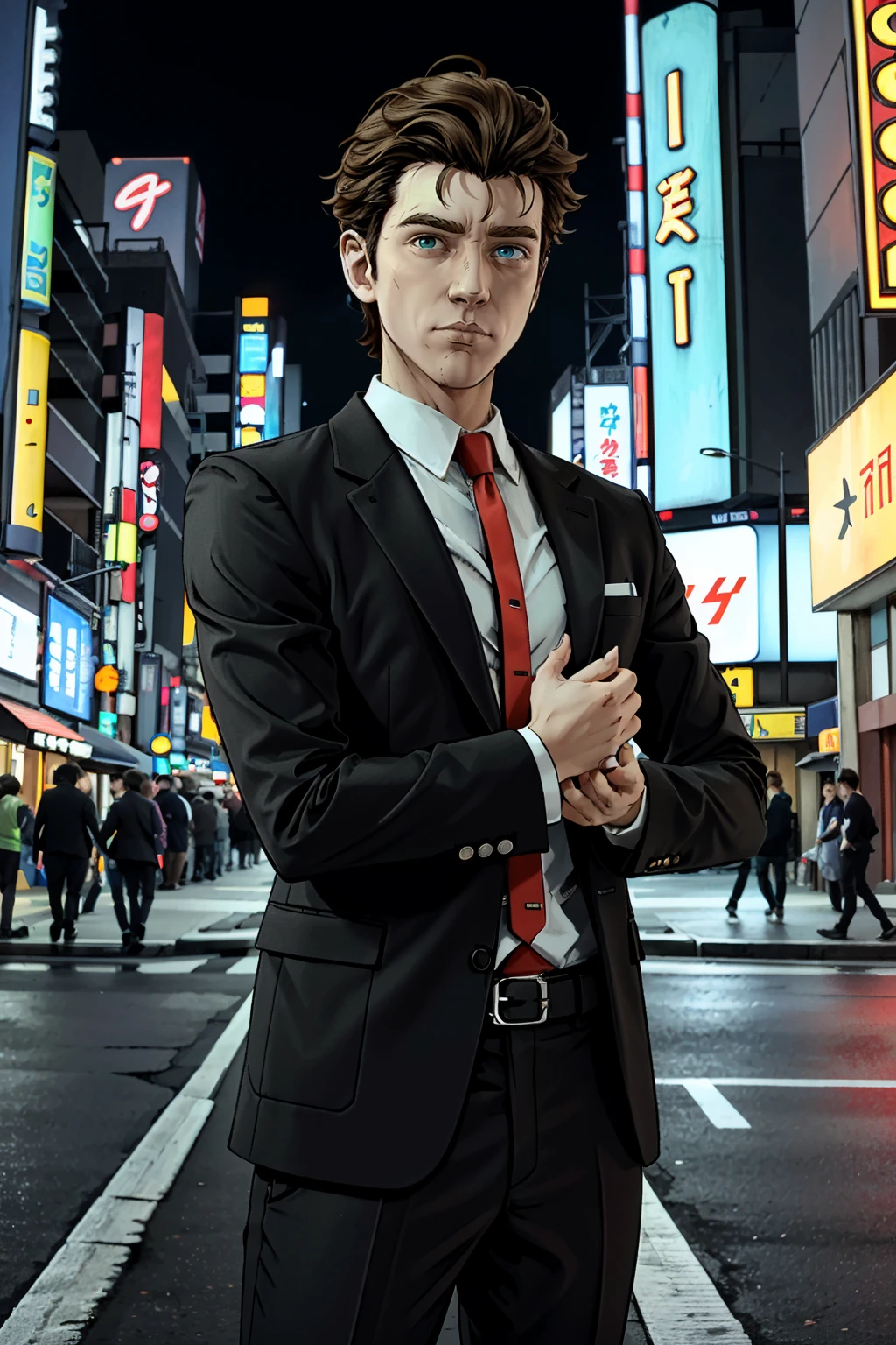 ((ultra detailed, masterpiece, absurdres))
 <lora:BRhys:0.8>
BRhys, 1boy, short hair, heterochromia, looking at viewer, in a sleek modern suit striking a pose in front of a neon-lit Tokyo street