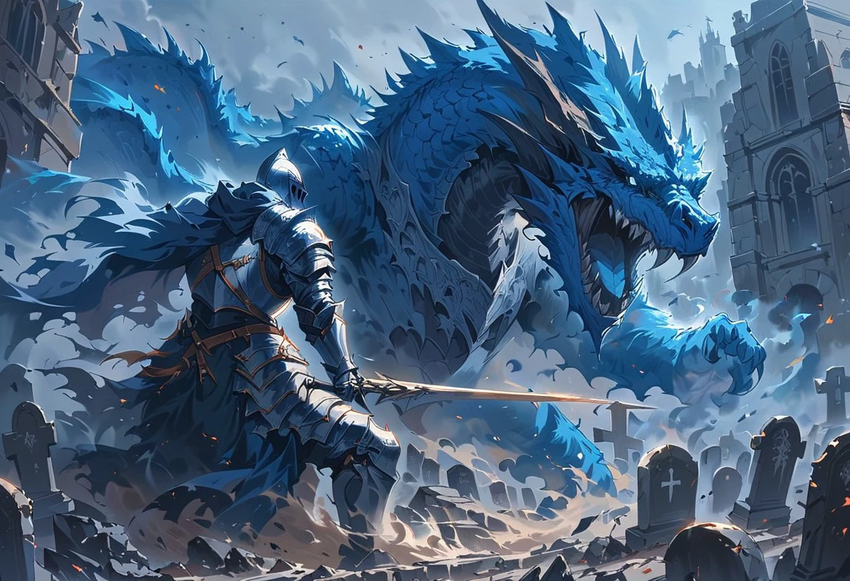 an action shot of a knight fighting a fantasy blue dragon, graveyard in background, Bosstyle, hkstyle, HD, masterpiece, best quality, hyper detailed, ultra detailed, super realistic