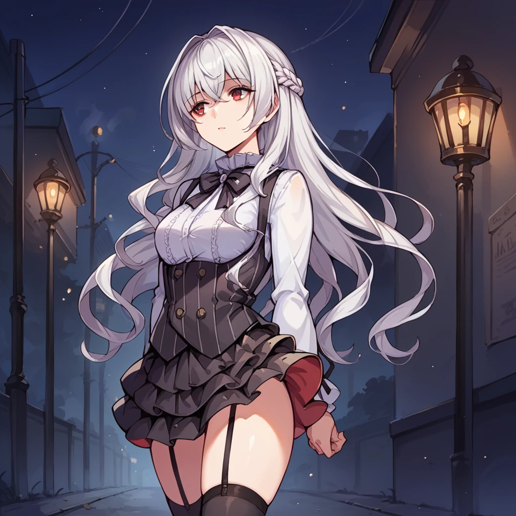 score_9_up, score_8_up, score_7_up, source_anime, masterpiece, best quality, 1girl, solo, Allan_Poe, night time, fog, mist, street lamp, walking, hands behind back, looking to side, uninterested, long hair, red eyes, white hair, white shirt, frilled skirt, black skirt, black bowtie, suspenders, black vest, hair intakes, braid, garter straps, black thighhighs, jewelry, mature body, dynamic cowboy shot, outdoors, gothic street background