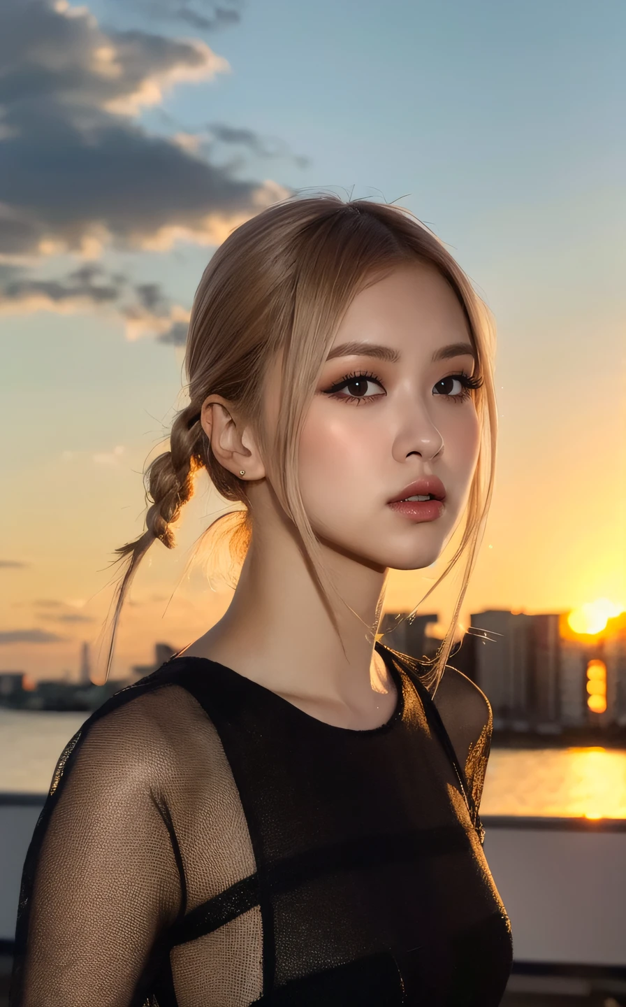 <lora:RosÃ©_Beta:1> R0sâ¬,, (realistic), (hyperrealism), (photorealistic:1.4), 1girl, looking at the viewer, eye makeup, detailed eyes, detailed face, (upper body:1.2), detailed background, black dress, walking at the streets, sunset, (windy:1.2)