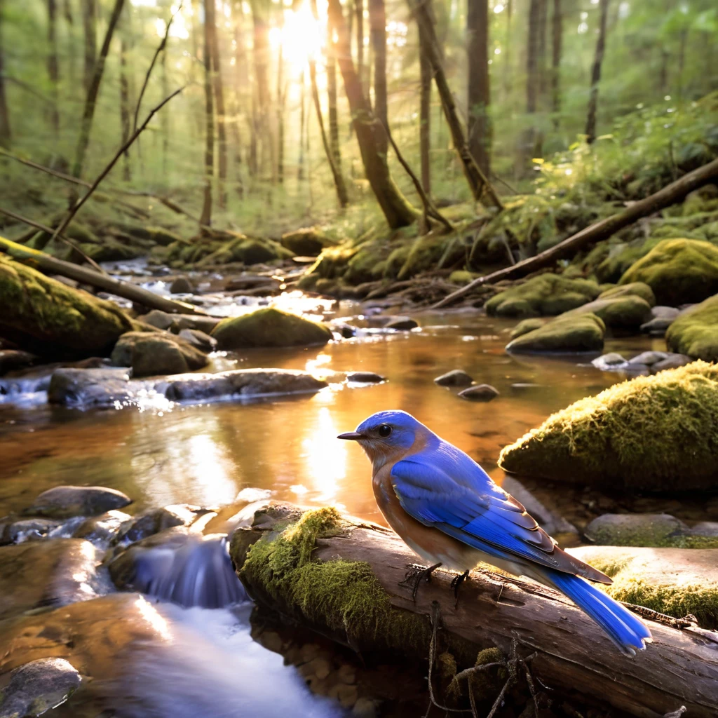 a bluebird in a creek in a north American forest, sunrise