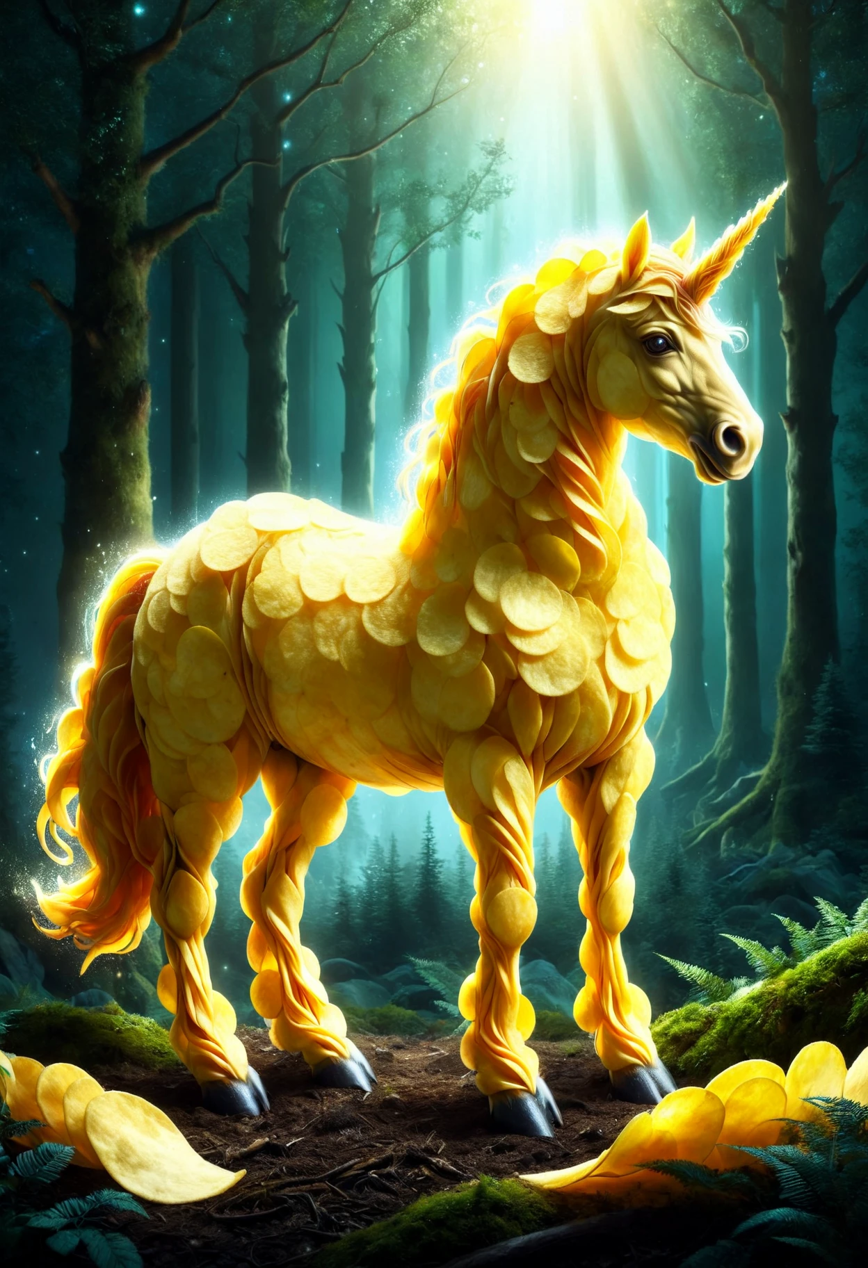 A fantasy illustration of a glowing unicorn in a moonlit forest, its mane and tail flowing with radiant energy, made out of potato chips, <lora:PinkiePttChpsSDXL-v1:1>, p1nkch1ps,