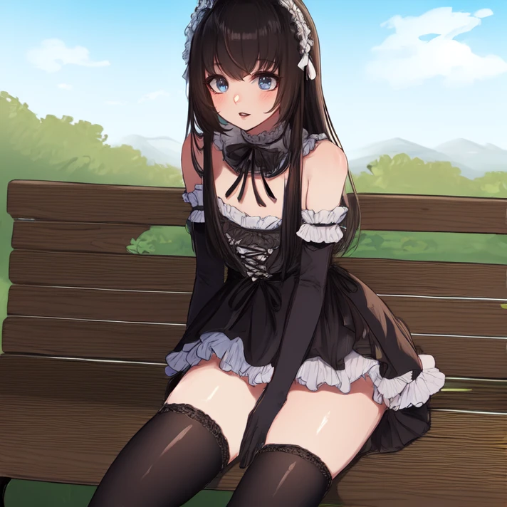 cowboy shot, solo, <lora:yuukiKei:0.8>, sfw, yuuki_kei, 1boy, (dress:1.1), long hair, black hair, crossdressing, makeup, lipstick, gloves, gothic, frills, black lips, elbow gloves, black thighhighs, flat chest, outdoors, park, sitting, park bench, highres, Digital art, trending on artstation, best quality, insanely detailed, masterpiece, stunning environment, wide-angle,