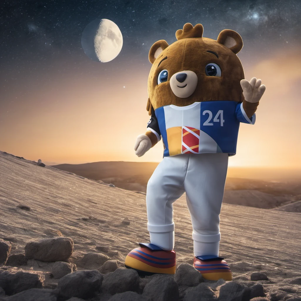 (1mascot),(8k, RAW photo, best quality, masterpiece:1.2), RAW photo, ultra-detailed, mascot, full body, clothes writing, ((standing on moon holding big space helmet)), 8k, uhd, dslr, soft lighting, high quality,  f2, 35mm, (((realistic))),  4k, high resolution, 8k uhd, dslr
 <lora:MascotSDXL-000016:1>