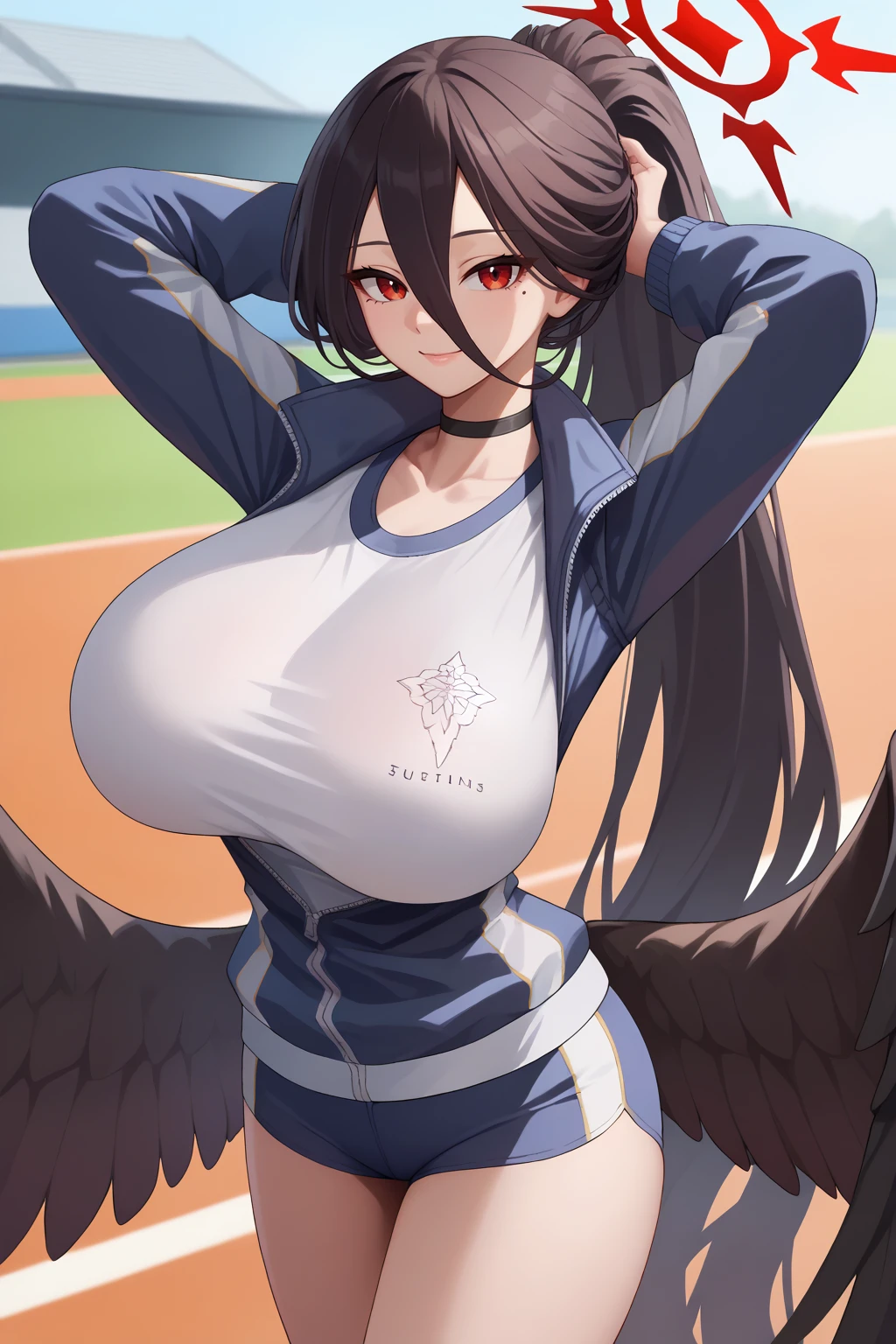 score_9, score_7_up, source_anime, cowboy shot, looking at viewer, smile, hnkw, red halo, mole under eye, huge breasts, very long hair, low wings, large wings, black choker, ponytail, blue jacket, partially unzipped, white shirt, blue shorts, socks, blue sneakers, tying hair, arms behind head, outdoors, running track, <lora:Hoseki_BlueArchive_HasumiHanekawa_PDXL_v1:1>