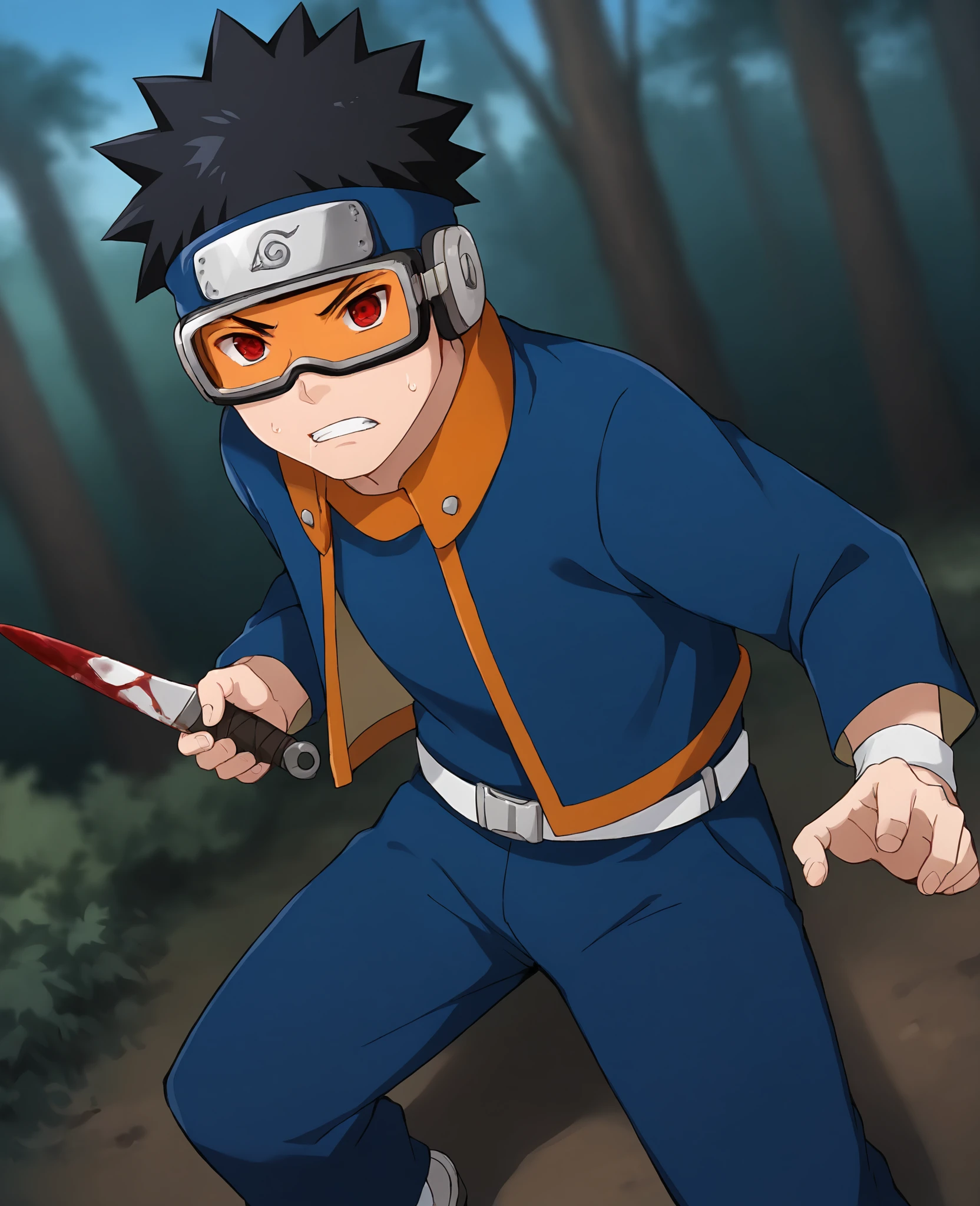 score_9,score_8_up,score_7_up,source_anime,rating_safe BREAK masterpiece,highres,best quality,high quality,dramatic angle,cinematic lighting,1boy,<lora:Obito_Pony_V2:1>,Uchiha Obito \(Shounen\),young,black hair,spiked hair,goggles,forehead protector,konohagakure symbol,blue shirt,blue pants,belt,pockets,holding kunai,wristband,action pose,dynamic angle,serious,sweatdrop,v-shaped eyebrows,depth of field,blue sky,orange stripes,orange collar,shounen,long sleeves,jacket,holding kunai,sharingan,red eyes,woods,blood,clenched teeth,kunai,dagger,