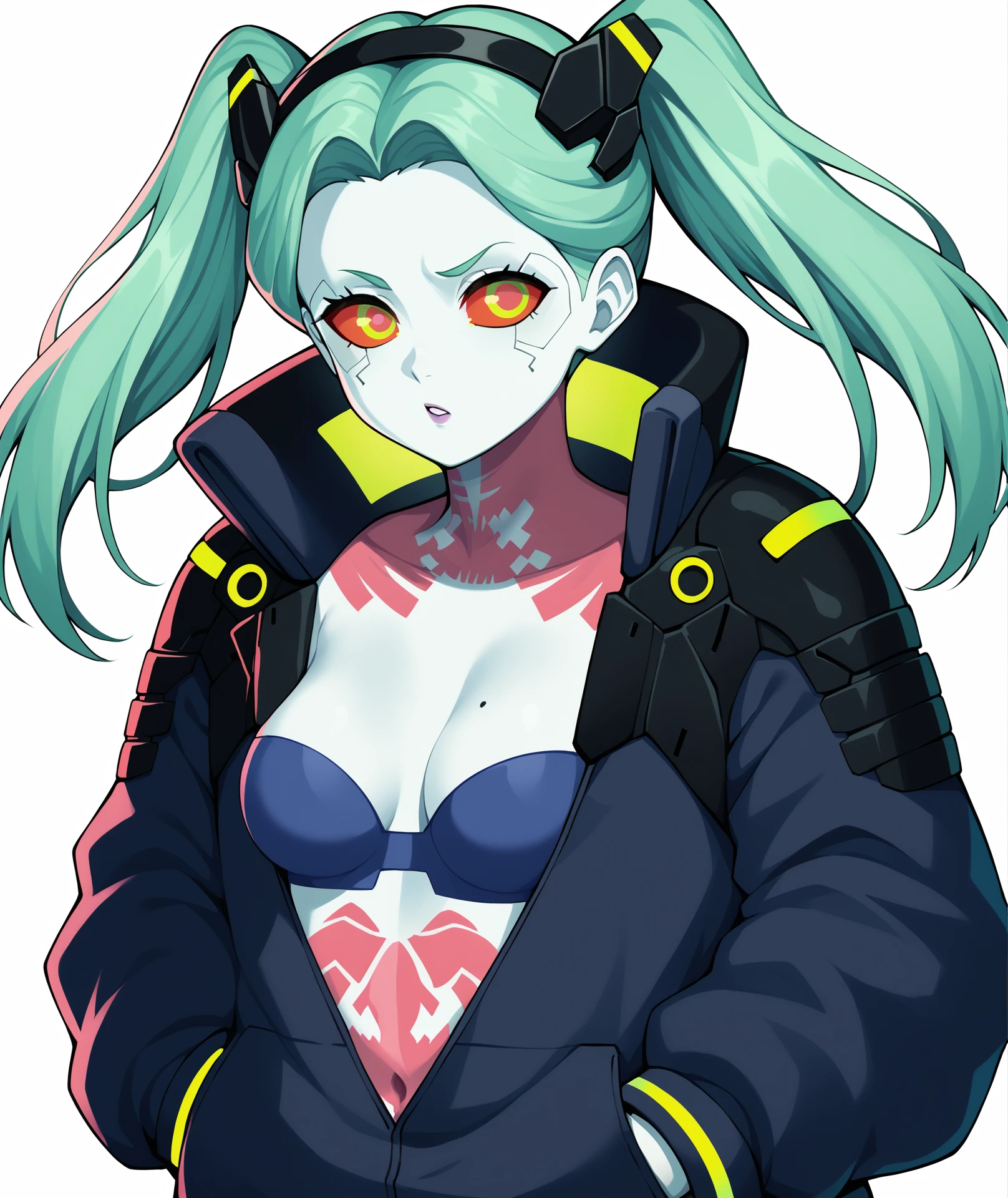 (score_9, score_8_up, score_7_up,highly detailed, max quality, ultrasharp, 8K,absurdres,masterpiece,max quality,high res),source_anime,Cyberpunk 2077,cyberpunk city, 1girl,rebecca, long hair, green eyes, green hair, colored skin, colored sclera, white skin, red sclera, artificial eye, mechanical eye, cyborg, red pupils,twintails, underwear, jacket, hairband, bra, black jacket, tattoo, black hairband, black bra, leg tattoo, partially unzipped, neck tattoo,