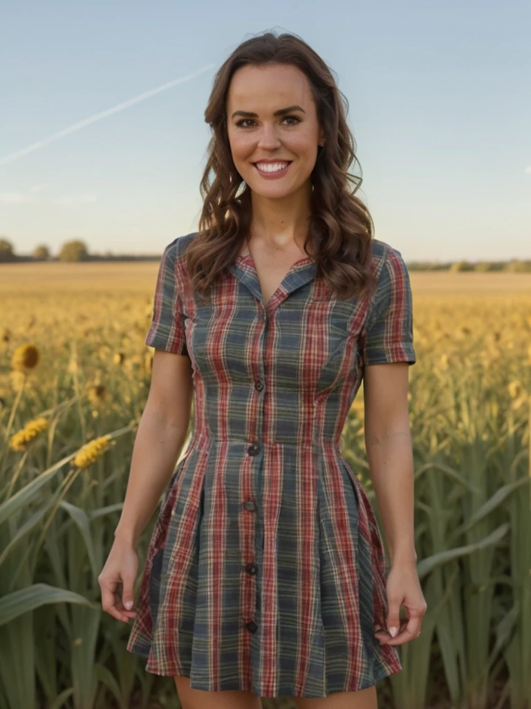 a professional absurdres intricately detailed sharp focus full body photograph of (Erin_Cahill:1.1),
1girl with a cheeky grin, volumetric light, ray tracing, cinematic shadows, cinematic lighting,
standing in the middle of a cornfield looking at a scarecrow, 
<lora:Erin_Cahill-SD:0.8> 
<lora:sh0rtpl41ddr3ss:0.75> sh0rtpl41ddr3ss, short plaid dress, short sleeves, collared dress,