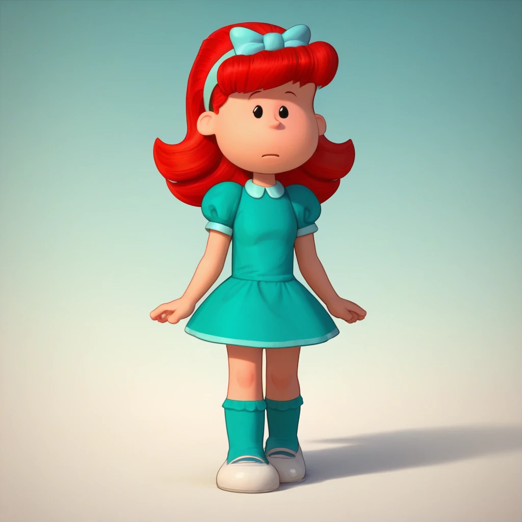 score_8_up, BREAK,  HEATHERWOLD, 1girl, solo, red hair, black eyes, headband, hair bow, dress, short sleeves, puffy short sleeves, aqua dress, socks, footwear, <lora:HeatherWold_PXL_Leaf1:0.8>, gradient background, front view,