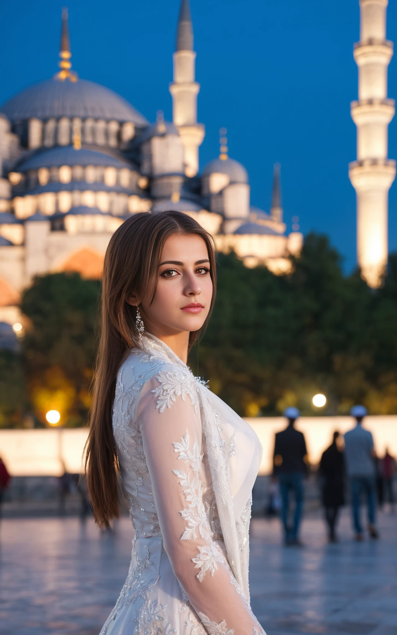 a beautiful turkish woman is standing near istanbul sultan ahmed mosque, bokeh, highly detailed