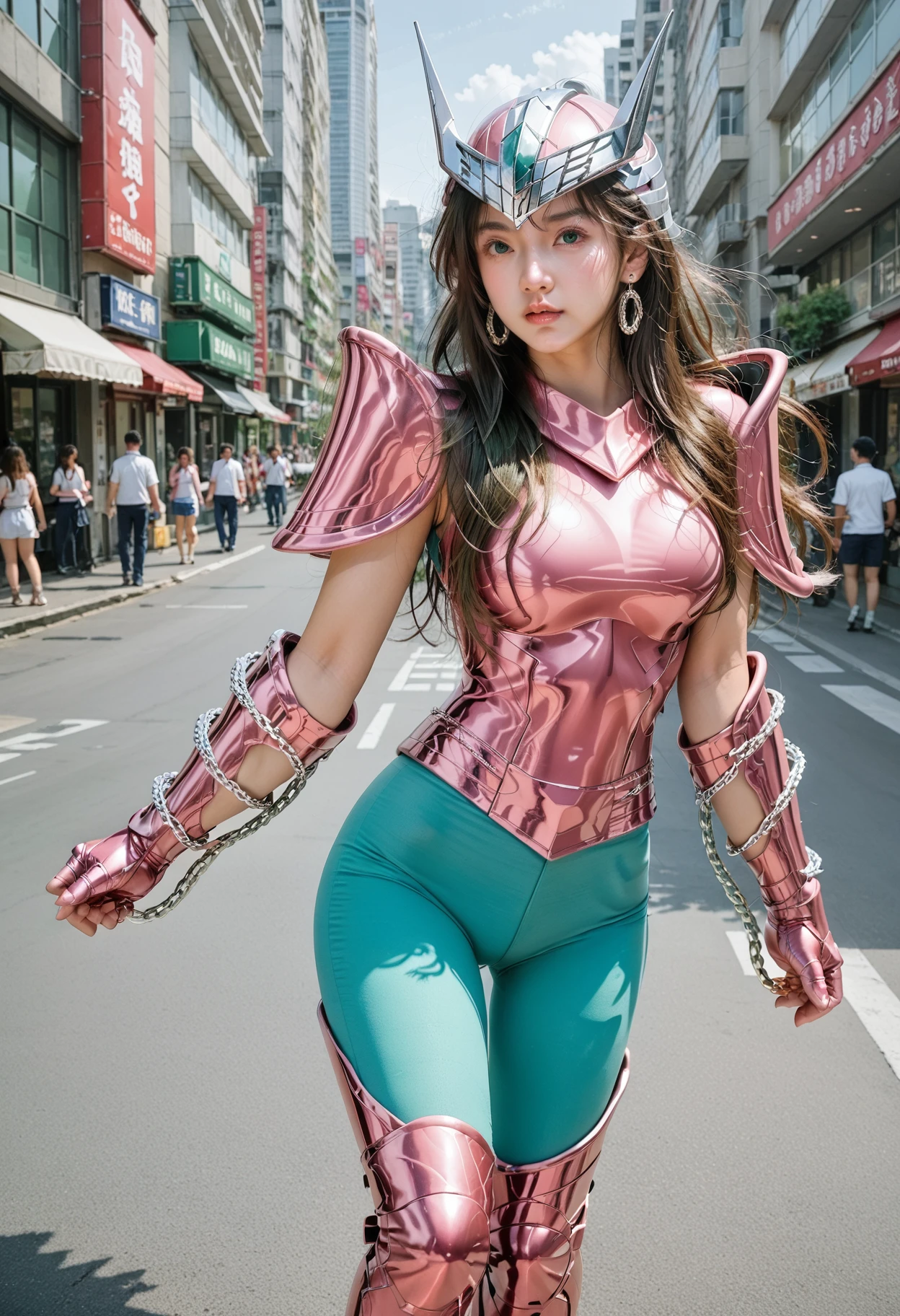 score_9,score_8_up,score_7_up,8k,1girl,heavy make-up,outdoors,city,street,tokyo,shinjuku,large breasts,slim waist,wide hips,dynamic pose,
<lora:saintseiya5-pony-v70-000006:0.8>,1gshun,pink armor,green leggings,armor,green hair,long hair,breasts,boots,helmet,gloves,gauntlets,pauldrons,armored boots,shoulder armor,chain,skin tight,vambraces,thigh boots,pink gloves,greaves,breastplate,earrings,shoulder pads,bodysuit,green eyes,