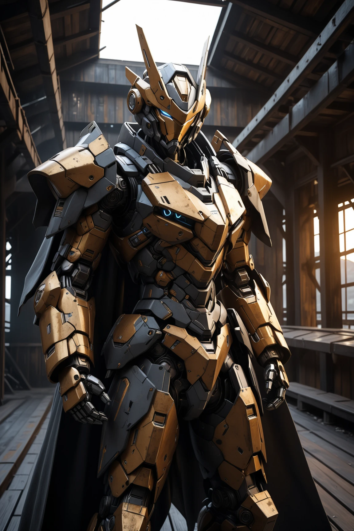 mecha, solo, futuristic armored warrior with matte and ((rusted)) golden and black plating, and a grey cape, in a dark setting, realistic, cinematic and dramatic lighting, 
(glowing blue visor:0.1), middle shot,
rustic wooden structure, with beams and planks in the background, <lora:Mecha_Ggorgeous_Armor:0.3>