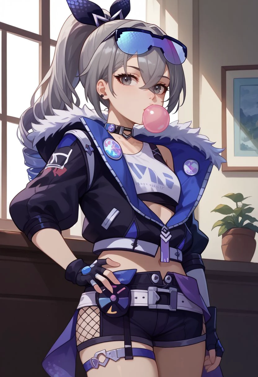 score_9, score_8_up, score_7_up, source_anime, 1girl, silverwolfdef, grey eyes, grey hair, long hair, ponytail, hair between eyes, drill hair, eyewear on head, hair ribbon, choker, crop top, fur trim, black jacket, cropped jacket, midriff, navel, black gloves, fingerless gloves, black shorts, short shorts, thigh strap, fishnet socks, standing, looking at viewer, indoors, portrait, close-up, facing viewer, bubble blowing, chewing gum, hand on hip, <lora:Silverwolf_v1-000010:1>