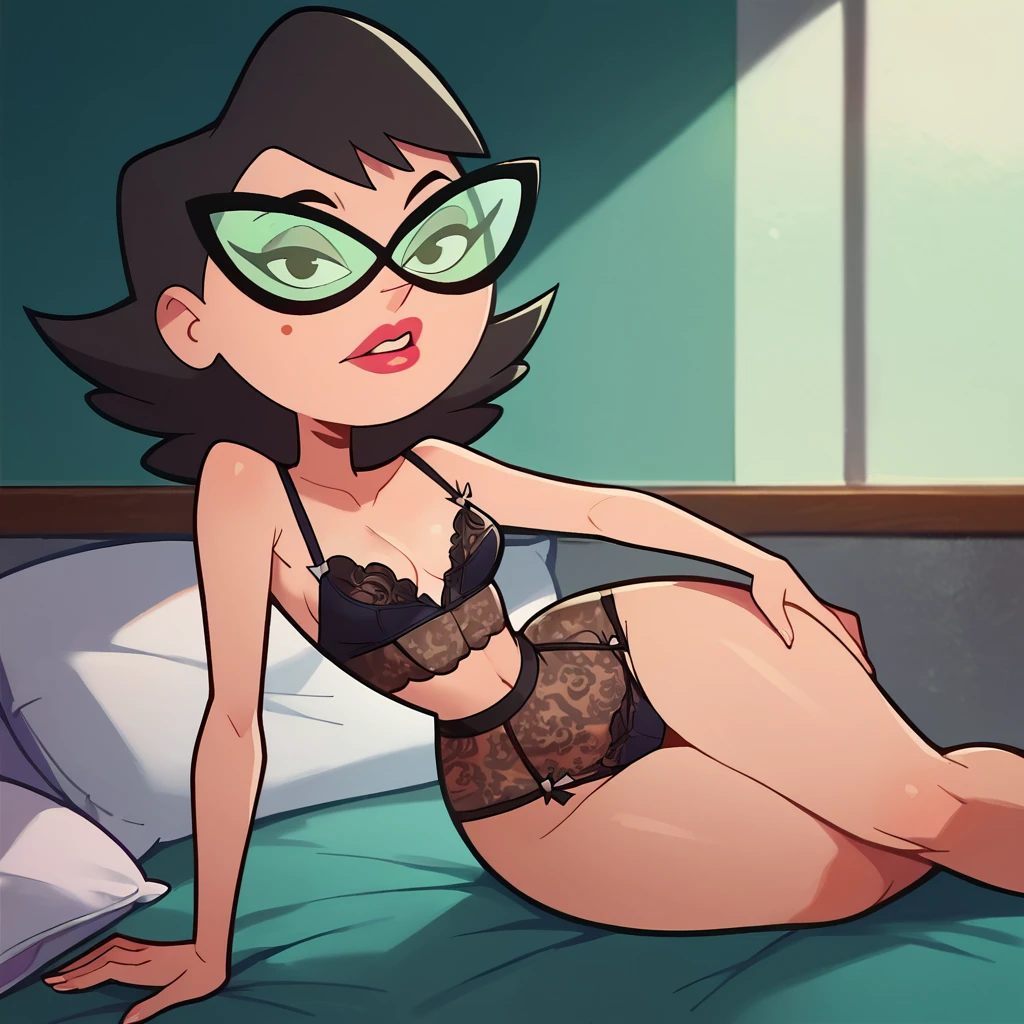 score_9, score_8_up, score_7_up, score_6_up, score_5_up, score_4_up, 1girl, black hair, glasses, lipstick, mole under eye, small , narrow waist, wide , looking at viewer, lingerie, on side, high quality, masterpiece, <lora:Eleanor_Butterbean:1>