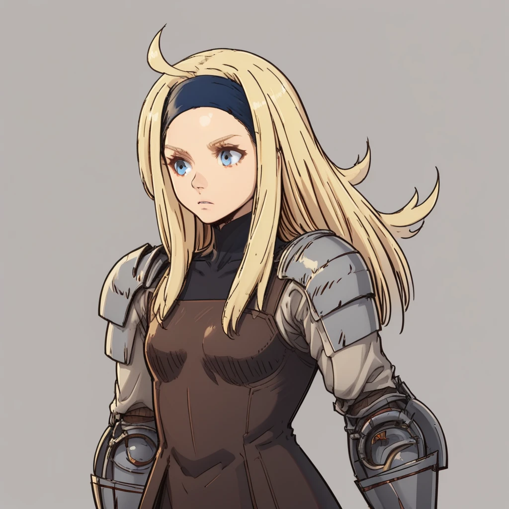 hairband, parted lips, squire, closed mouth, armor, solo, ahoge, long hair, gauntlets, simple background, blonde hair, headband