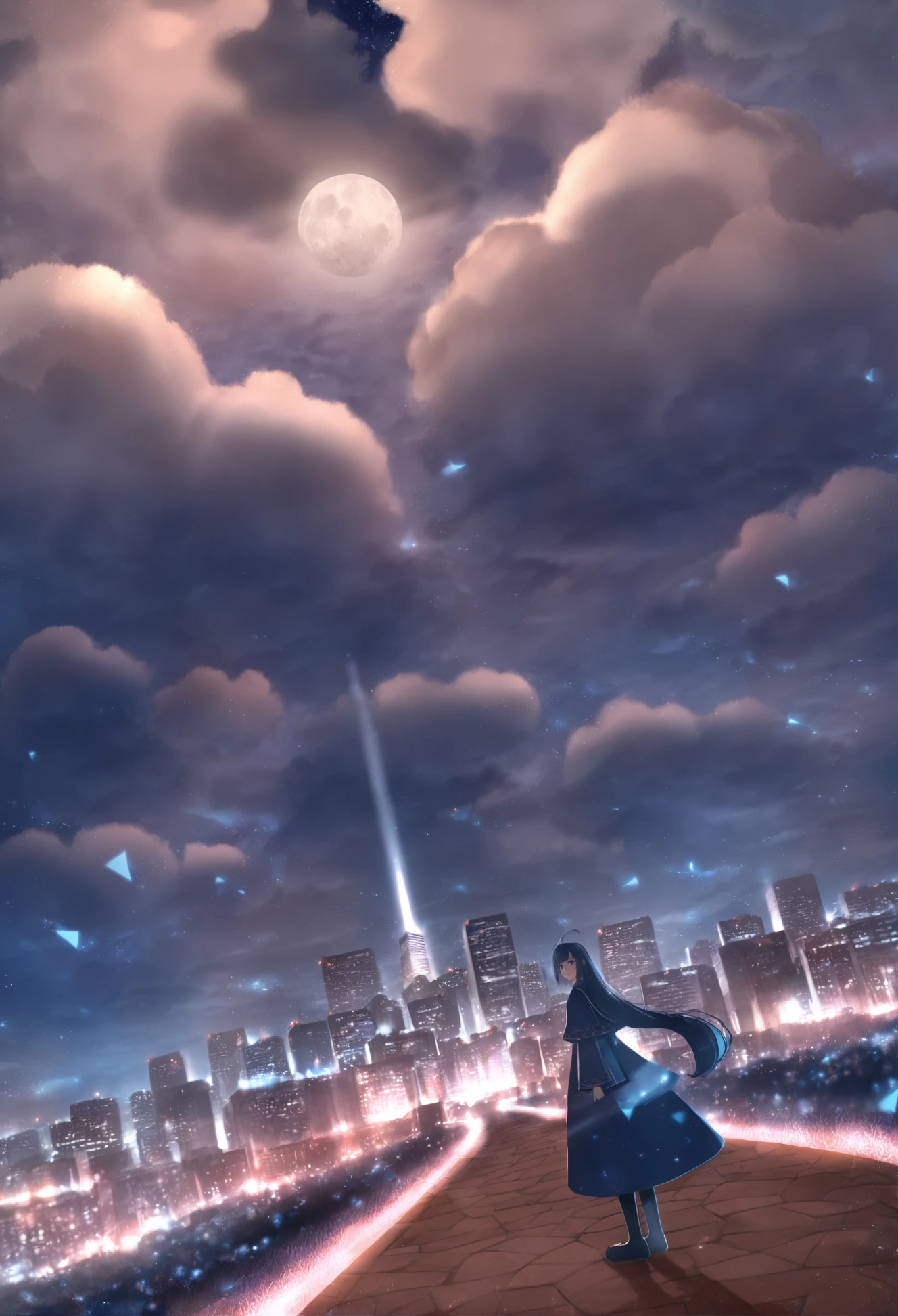 masterpiece, best quality ,1girl, sky, scenery, moon, solo, cloud, blue theme, long hair, outdoors, full moon, night, dress, fantasy, star \(sky\), ahoge, starry sky, night sky, dutch angle, city, road, capelet, building, standing, cloudy sky, cityscape, very long hair
<lora:é²äººXLlokr4f-000166:0.95>