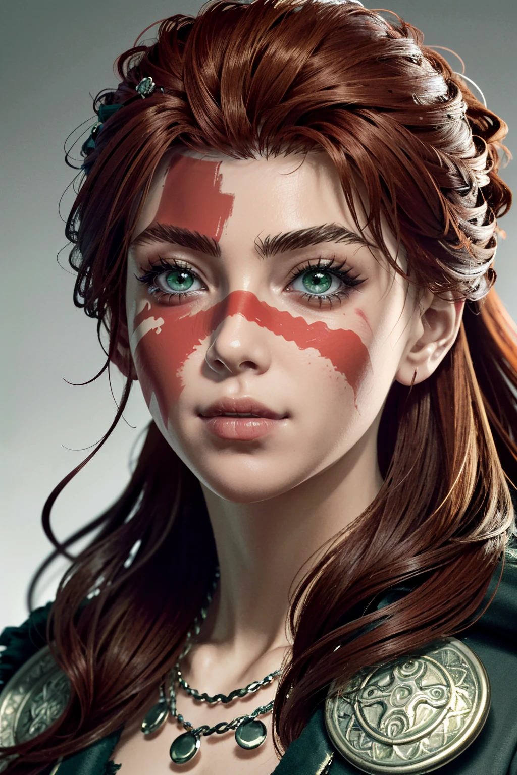 ((ultra detailed, masterpiece, absurdres))
 <lora:ACVCiara:0.8>
ACVCiara, 1girl, red hair, face paint, green eyes, looking at viewer, simple background, portrait