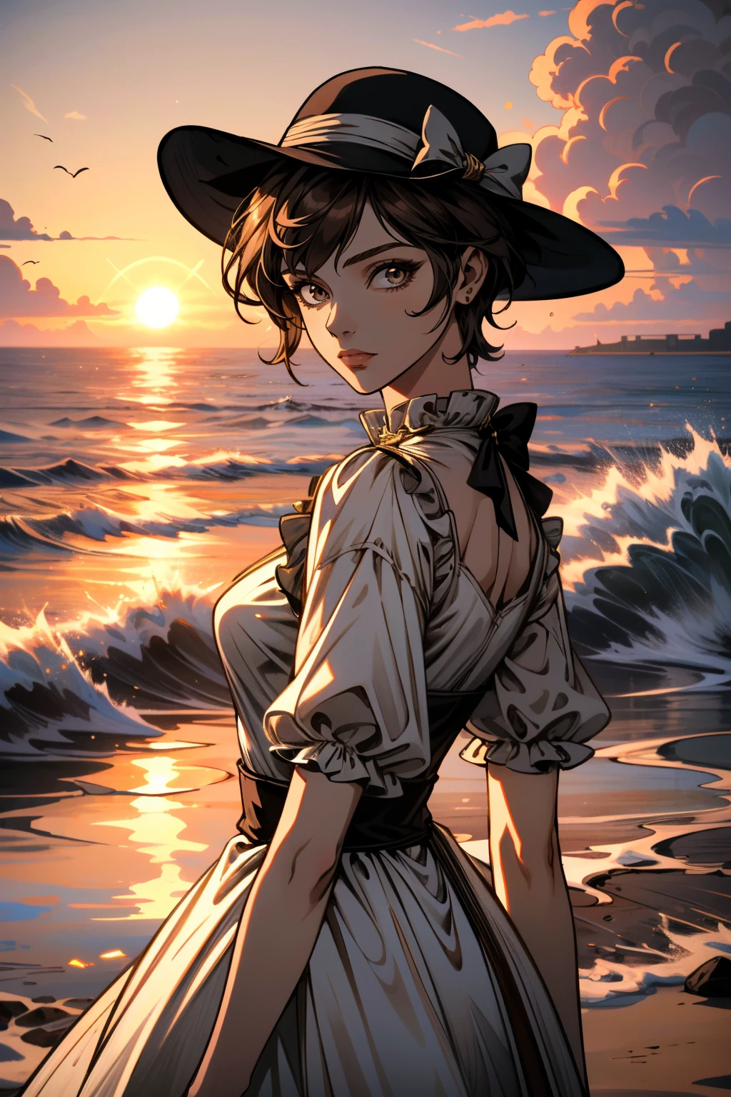 ((ultra detailed, masterpiece, absurdres))
 <lora:BFiona:0.8>
BFiona, 1girl, short hair, brown hair, hat, looking at viewer, on a beach during a vibrant sunset, sundress, playing with the waves