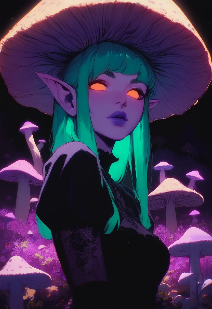 score_9, score_8_up, score_7_up, score_6_up, GLSHS, 1girl, black dress, orange eyes, no pupils, stands in a mushroom field, portrait, looking at viewer, purple lipstick, partially illuminated, glowing, green hair, mushroom hat, elf ears, dark theme