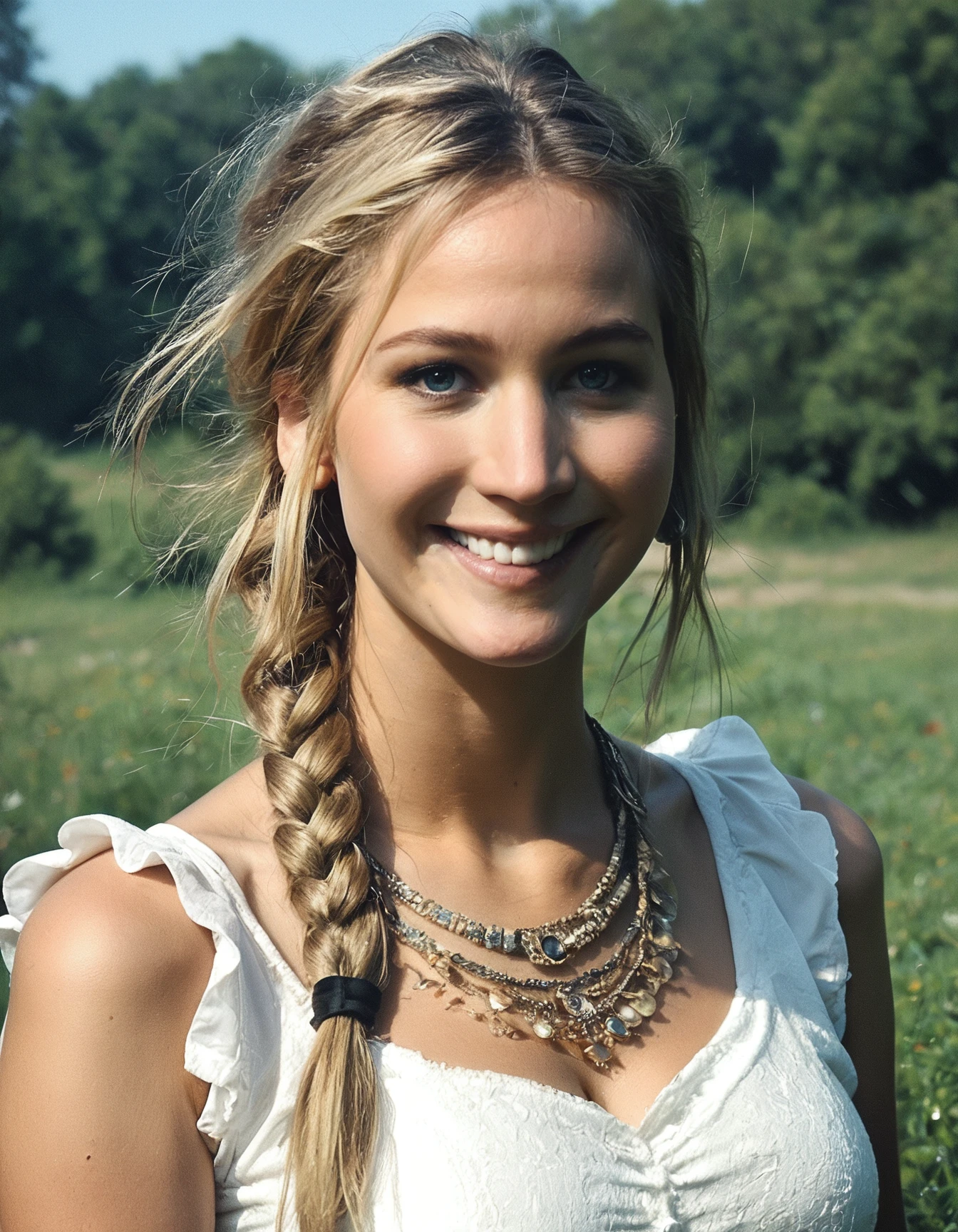 score_9, score_8_up, score_7_up, ohwx, 1girl, realistic, photo, light smile, slim, frilled dress, blonde, half up braid, <lora:CrunchyBanana_PONY_DORA_Jennifer_Lawrence:1>, outdoors, solo focus, looking at viewer, rating_safe