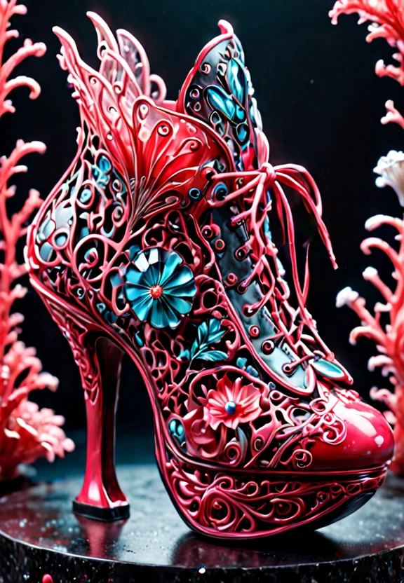 a close up of a shoe made of coralbugXL, stylish shoe design, exquisite imaginative poster art, coralbugXL embellishment, by Victorine Foot, coralbugXL, the theme of alice in wonderland, coralbugXL, highly detailed fantasy art, exquisite digital illustration, great digital art with details, highly detailed digital painting, surrealistic digital artwork, 3d epic illustrations,  <lora:coralbugXL:1> <lora:LCMTurboMix_DPM_SDE_Karras:1>