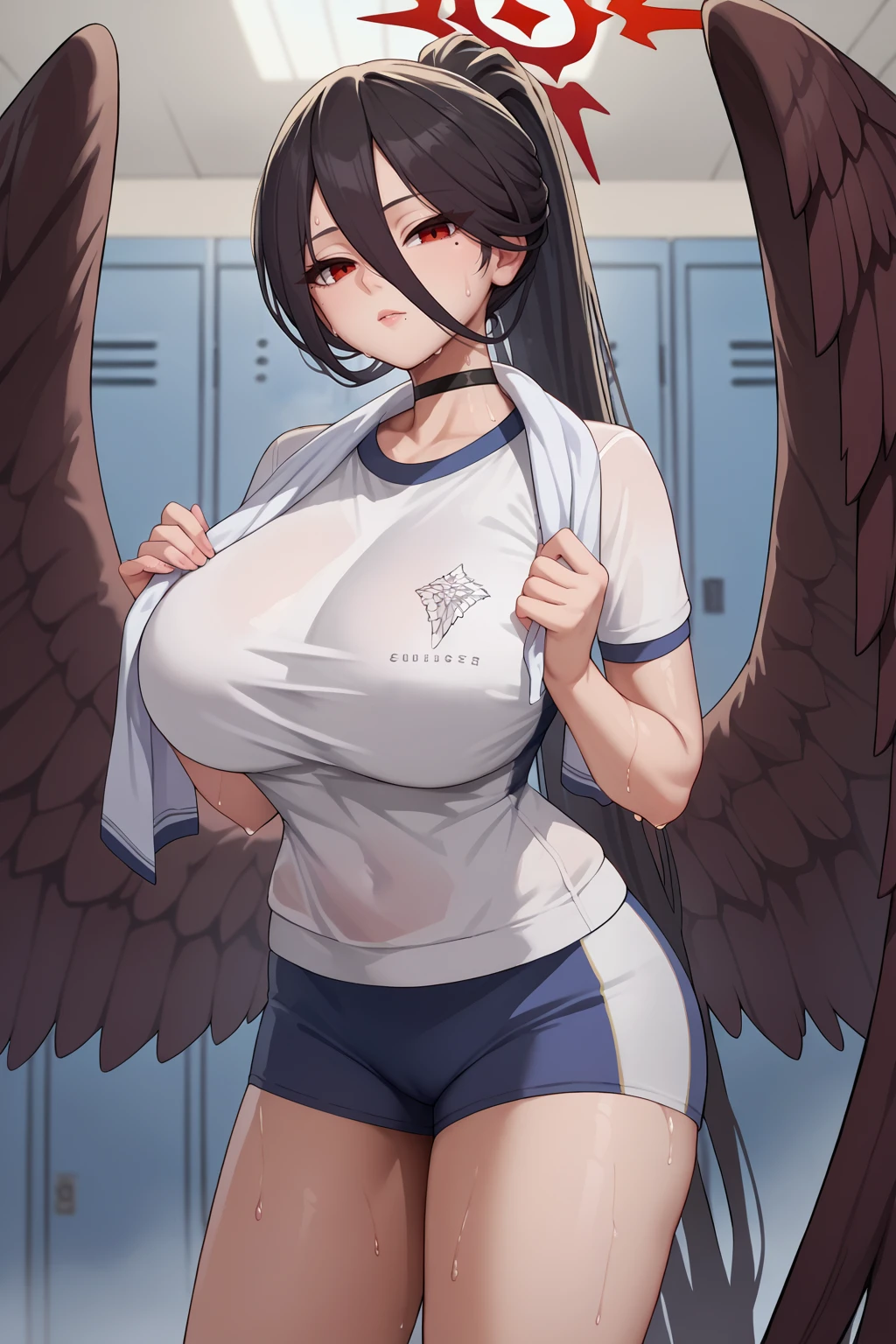 score_9, score_7_up, source_anime, cowboy shot, looking at viewer, hnkw, red halo, mole under eye, huge breasts, very long hair, low wings, large wings, black choker, ponytail, white shirt, blue shorts, socks, blue sneakers, sweat, holding towel, indoors, locker room, <lora:Hoseki_BlueArchive_HasumiHanekawa_PDXL_v1:1>