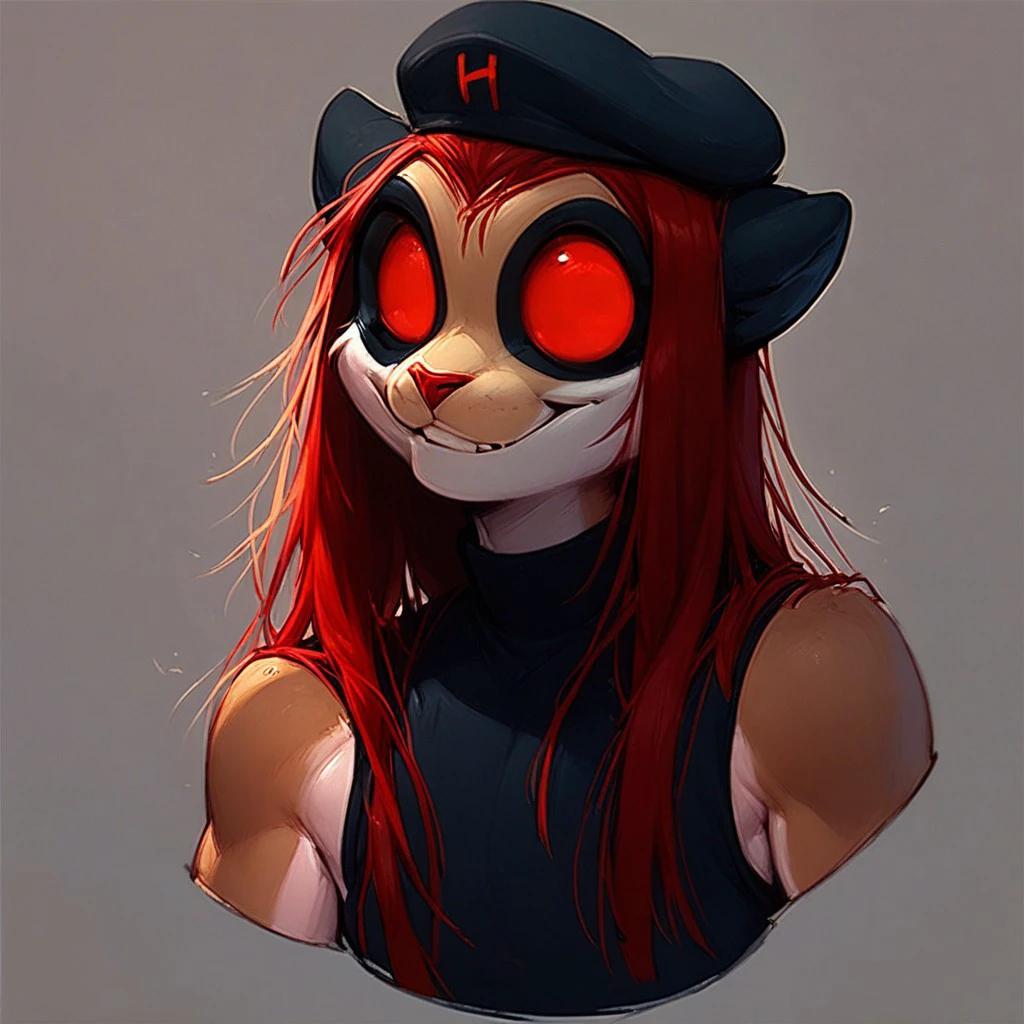 score_9, score_8_up, score_7_up, haures, 1 girl, furry, portrait, long red hair, black beret, red eye, smile, winks,