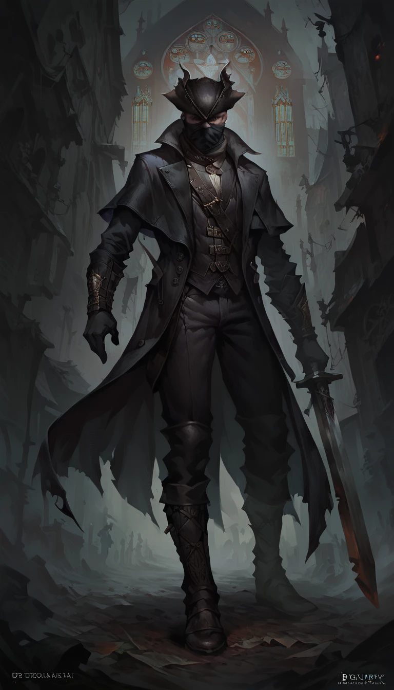 score_9, score_8_up, score_7_up, 1male  full body shot, dynamic pose,  holding sword, dark alley, church, detailed background
 leather coat, long coat, leather pants, , hunter gloves, hunter trausers, hunter hat, facemask
 <lora:Bloodborne_Hunter_set:0.8>, 
 <lora:GwentStyle_v2:0.6> gwentstyle
 <lora:Concept Art DarkSide Style LoRA_Pony XL v6:0.6> concept art, realistic, dark theme, low light,