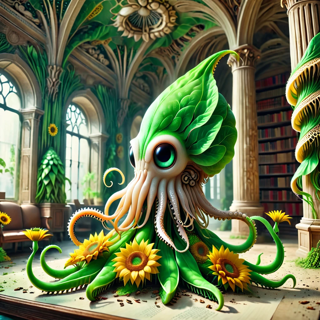 a squid made of sunflowers in an abandoned library, depth of field, detailed background, masterpiece, digital photograph, DSLR, ludicrously detailed, (bright:1.28)
<lora:sunflowers-000011:1>