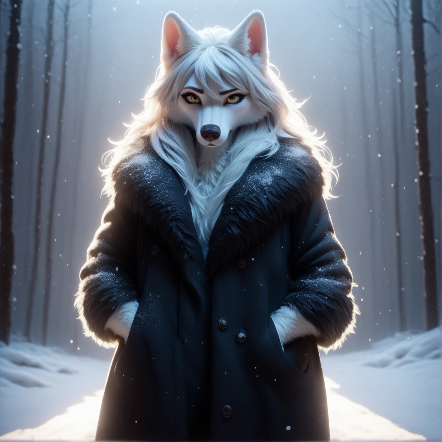 score_8, score_7_up, 3d, by bing3d, mature female, long hair, white hair, wolf, fluffy coat, fur trim, black coat, snow, snowing, anthro, yellow eyes, hands in pockets, white fur, white body, detailed fur, detailed hair, backlighting, cinematic production render <lora:bing3d-v3b-e8:1>
