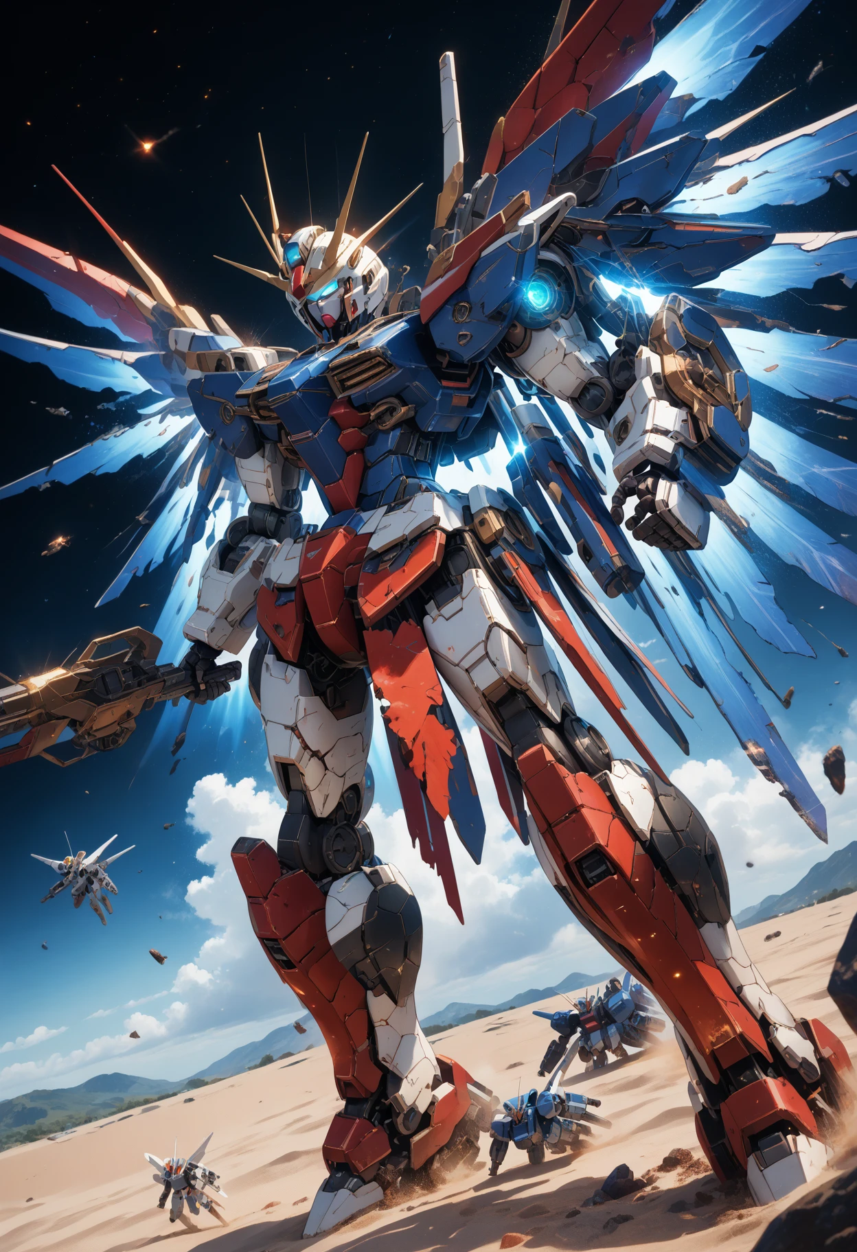 <lora:MechaPonyresetv5:1>,mecha,flying,space,from below,simple background,glowing light,glowing wings,fire feather,sand and dust,battlefield,damaged mecha,broken mecha,battle damage,cracks,explosion,sparks,full_body,, cinematic film still,score_9,score_8_up,score_7_up,dramatic lighting,(realistic:1.3),highly detailed,high budget,bokeh,cinemascope,moody,epic,gorgeous,film grain,grainy,masterpiece,best quality,perfect anatomy,very aesthetic,official art,8k,