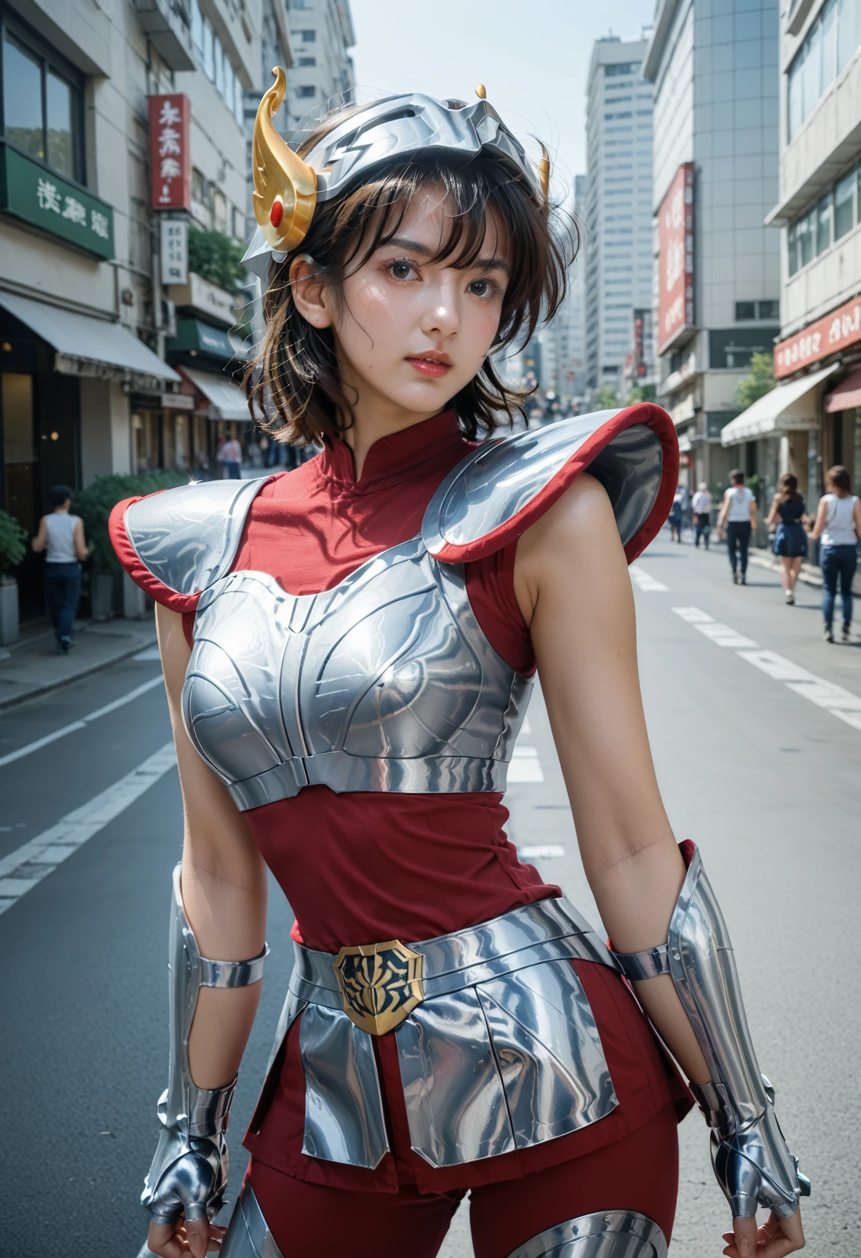 score_9,score_8_up,score_7_up,8k,1girl,heavy make-up,outdoors,city,street,tokyo,shinjuku,large breasts,slim waist,wide hips,dynamic pose,
upper body,<lora:saintseiya5-pony-v70-000006:0.8>,1gseiya,armor,brown hair,breastplate,fingerless gloves,gloves,helmet,faceless,short hair,red corset,bodysuit,shoulder armor,greaves,armored boots,sleeveless,vambraces,pauldrons,boots,breasts,