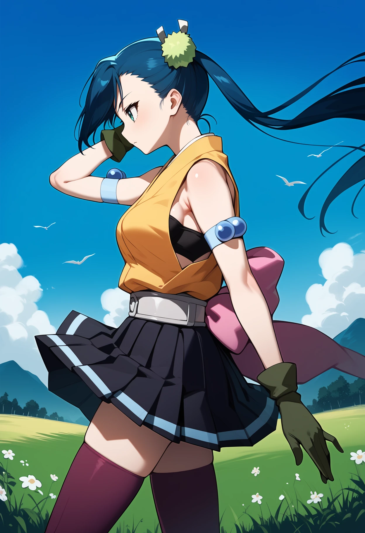 score_9, score_8_up, score_7_up, score_6_up, score_5_up, score_4_up, source_anime, aahibachi, long hair, blue hair, twintails, hair ornament, aqua eyes, breasts, japanese clothes, yellow shirt, sleeveless, armband, green gloves, belt, pink bow, pleated skirt, black skirt, purple thighhighs, <lora:hibachi_ponyxl_v1:0.9>, hand in own hair, from side, wind, field, looking at another, standing, cowboy shot, solo